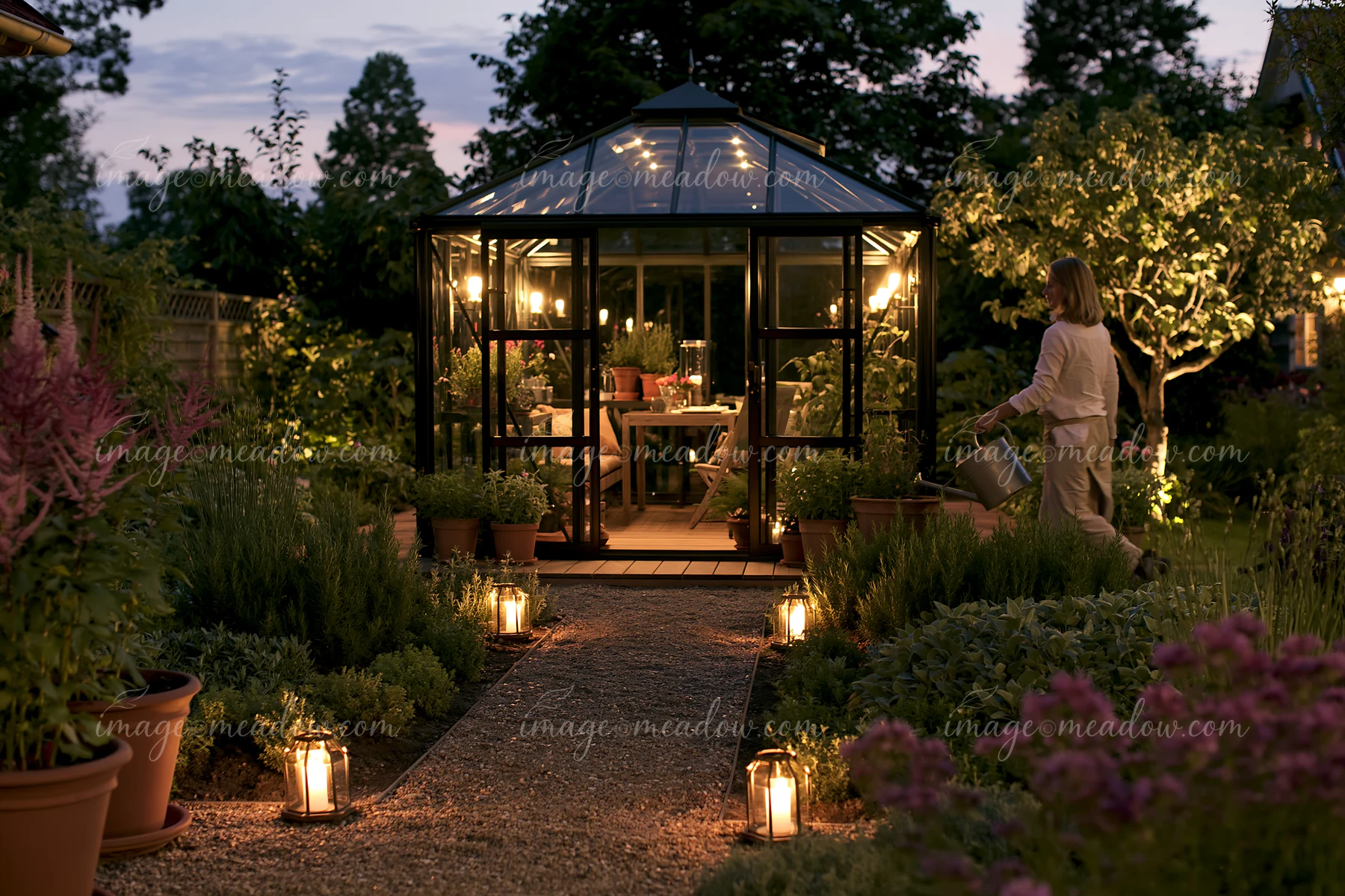 A woman walks with a watering can in a garden at dusk, showcasing a modern glass garden pavilion with night lighting.