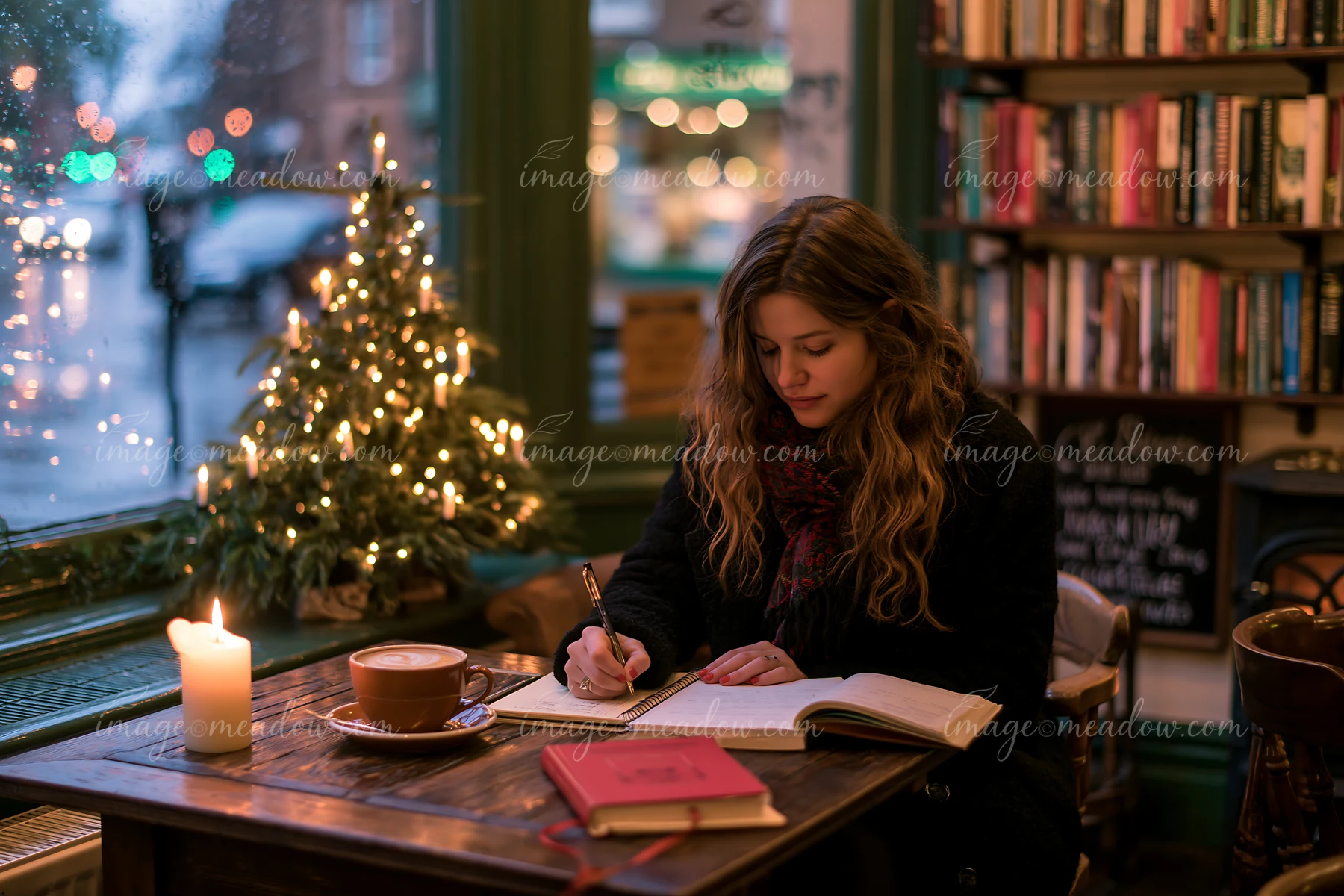A woman writes in a notebook at a table in a coffee shop during a festive season.