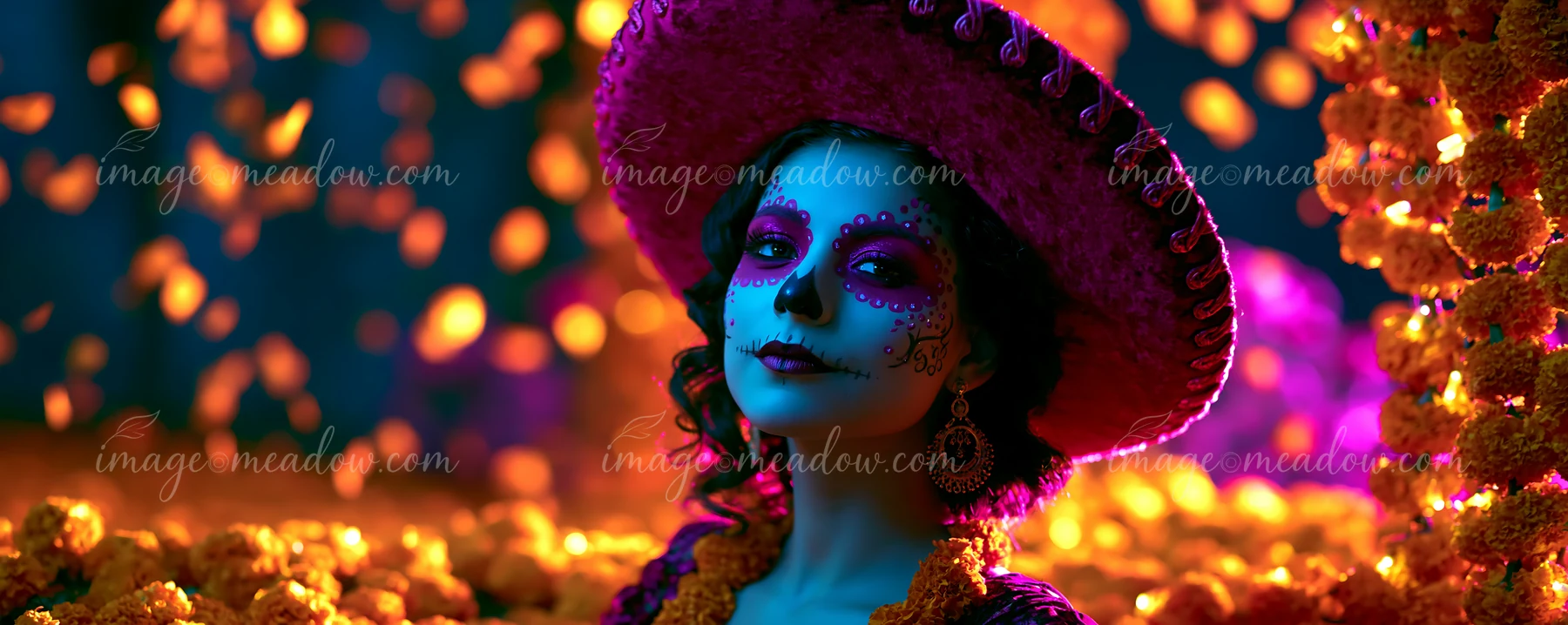 A young woman stands in a vibrant setting, wearing a traditional outfit and a large hat, adorned with skull face paint.