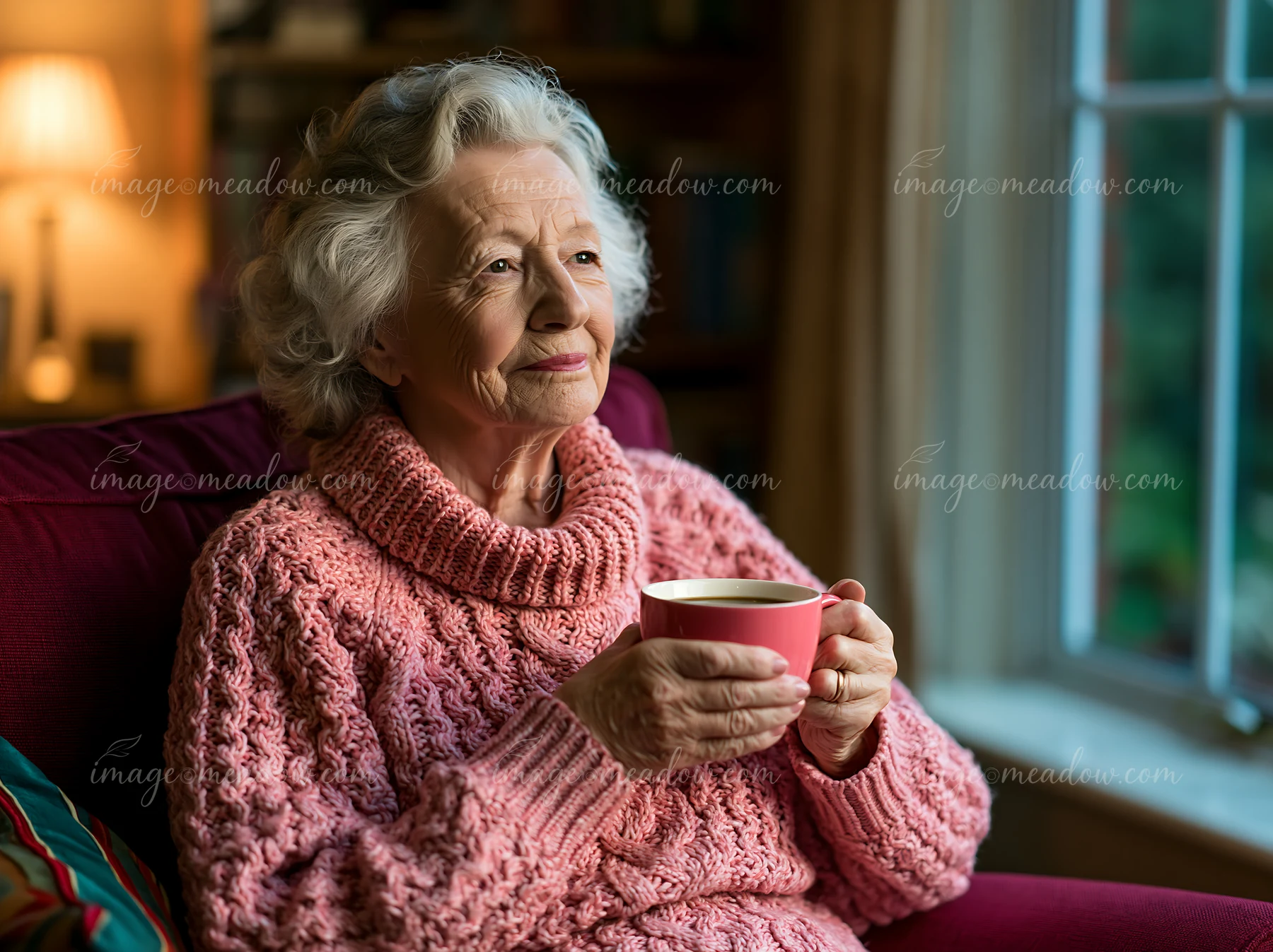 An elderly woman with Alzheimer's holding a cup of coffee sits in a cozy living room.