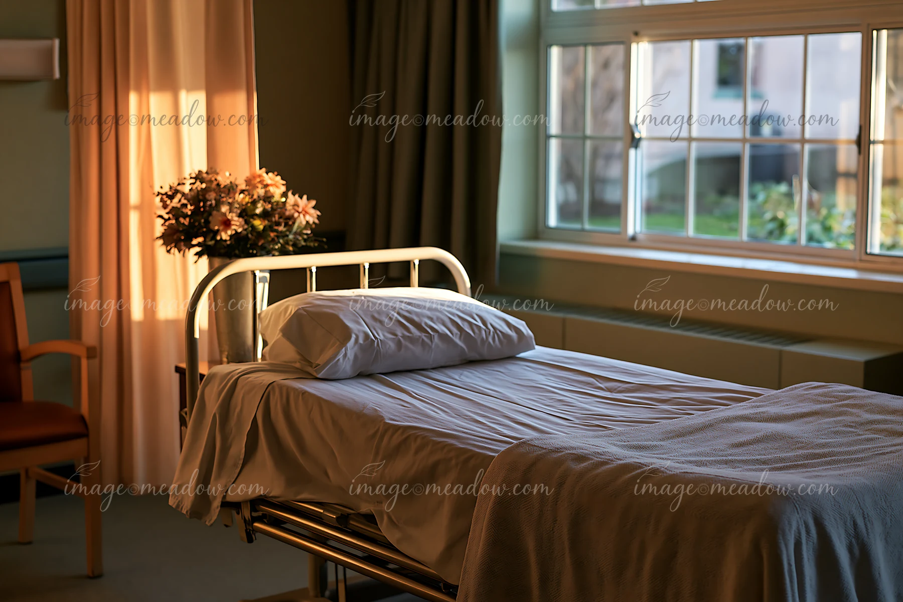 An empty bed in a hospice room shows soft natural light coming through the window.