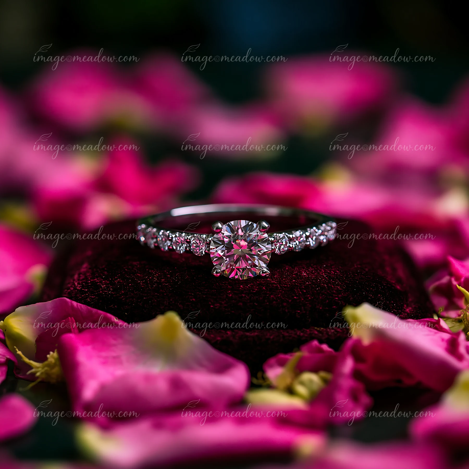 An engagement ring is resting on a red velvet cushion surrounded by scattered flower petals.