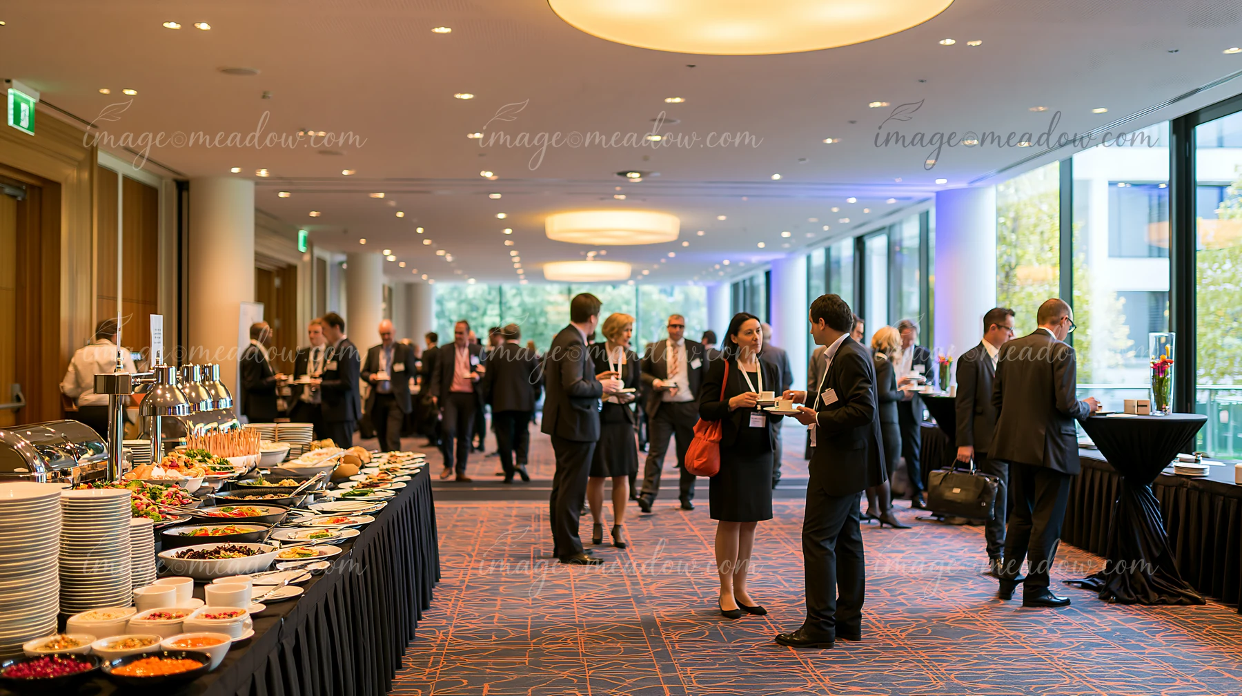 Attendees at a business conference buffet gather to network and enjoy a variety of food options in a well-lit, modern venue.