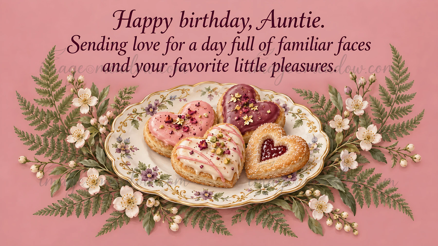 A pink birthday greeting illustration for Auntie, reading “Happy birthday, Auntie. Sending love for a day full of familiar faces and your favorite little pleasu