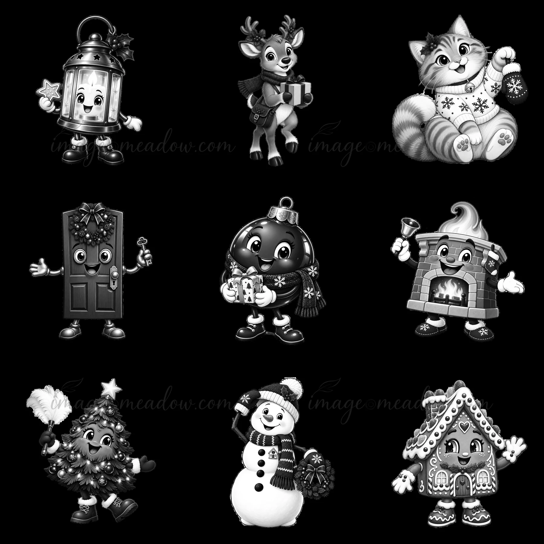 Nine cartoon stickers feature Christmas-themed characters.