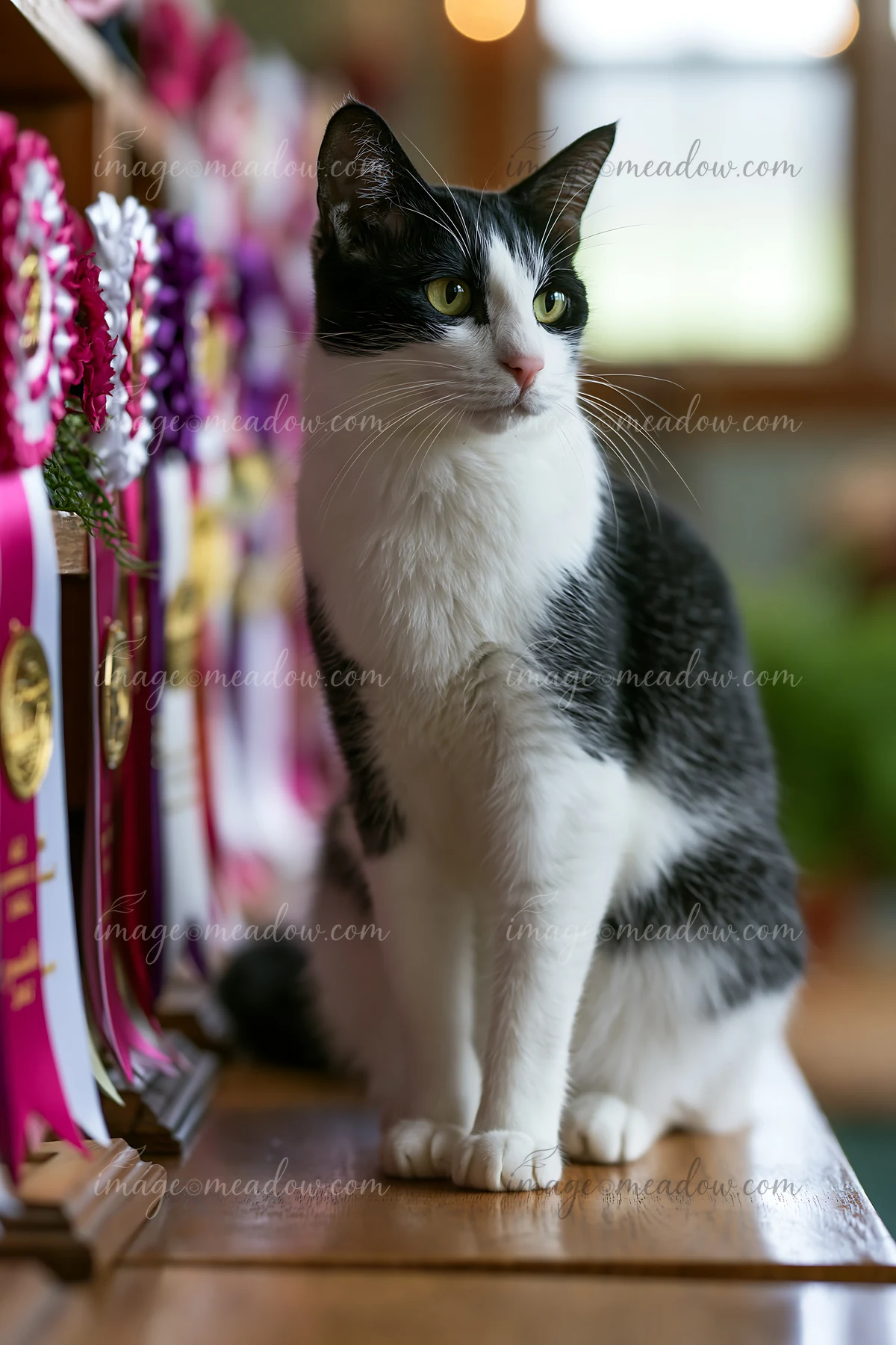 Black and white cat sitting beside colorful award ribbons on a wooden table indoors.