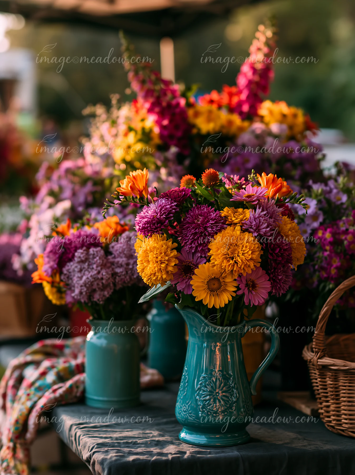 Bright flower arrangements are displayed in vases at a market.