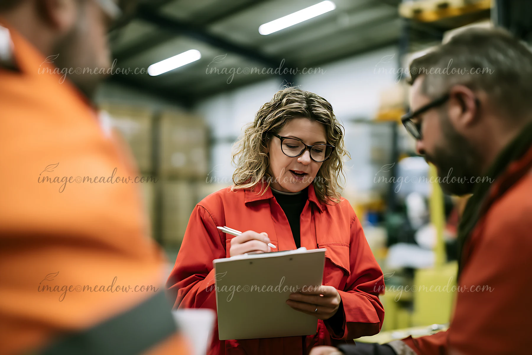 Businesswoman holding a tablet and pen while discussing work with two colleagues in a bright workshop.