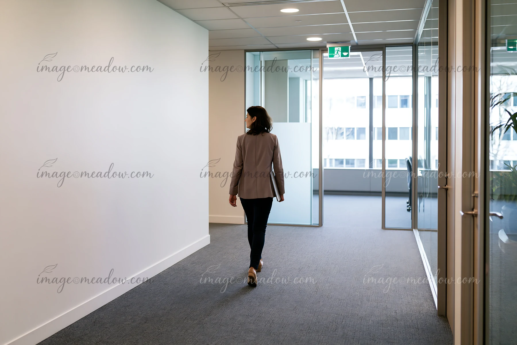 Businesswoman walks through a modern office corridor carrying a folder, with large blank wall copy space.