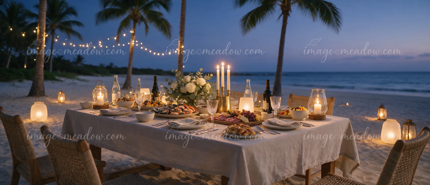 Candlelit beach picnic buffet set on a table beside the ocean at twilight.