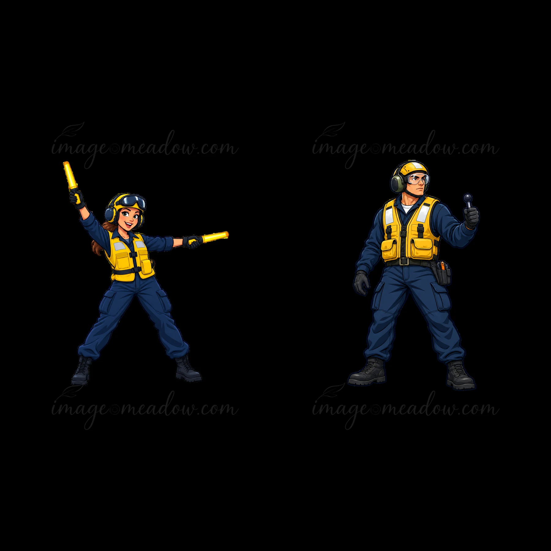 Two cartoon characters in flight suits work on an aircraft carrier. A woman gestures with wands while a man holds a signal light. They wear helmets and safety g