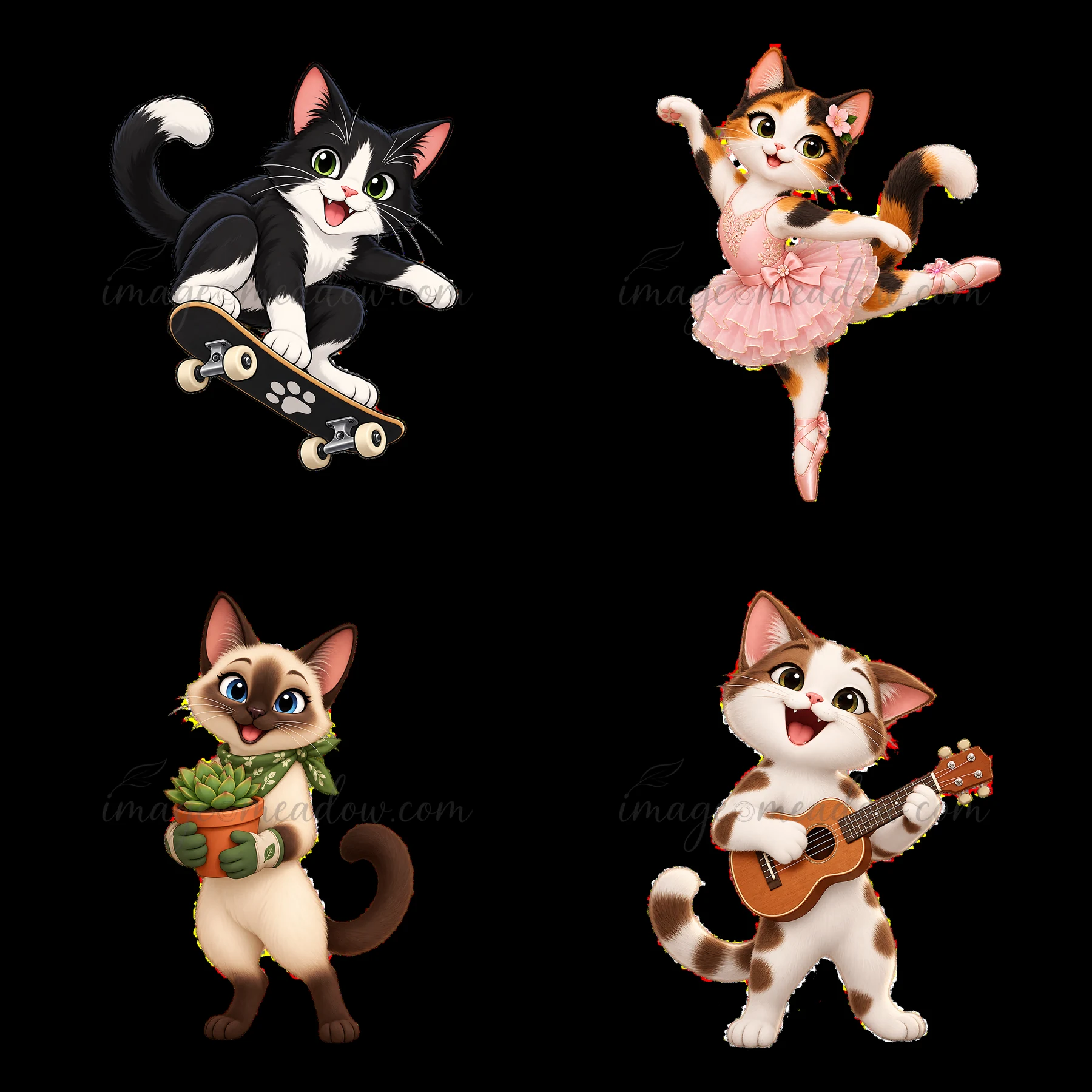 Four cartoon cats are shown in a 2x2 layout. One cat skateboards, another dances in a tutu, a third holds a plant, and the fourth plays guitar. Each cat has a u