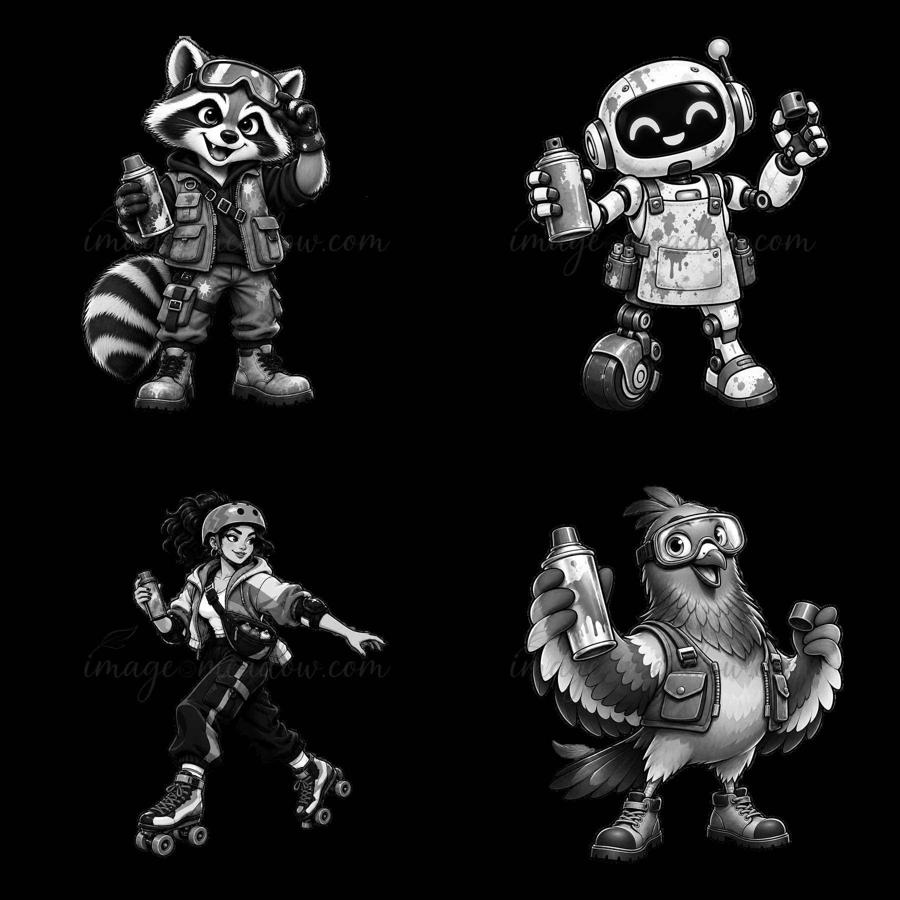 Four cartoon characters are spray painting against a neutral background. The characters include a raccoon, a robot, a girl on roller skates, and a bird. Each ho