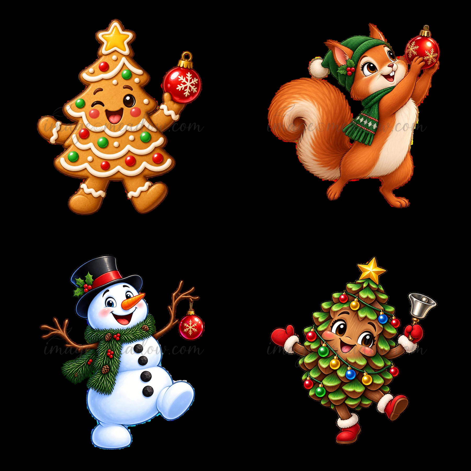 Four cartoon stickers include a smiling gingerbread tree, a cheerful squirrel holding an ornament, a snowman wearing a hat, and a joyful tree character ringing