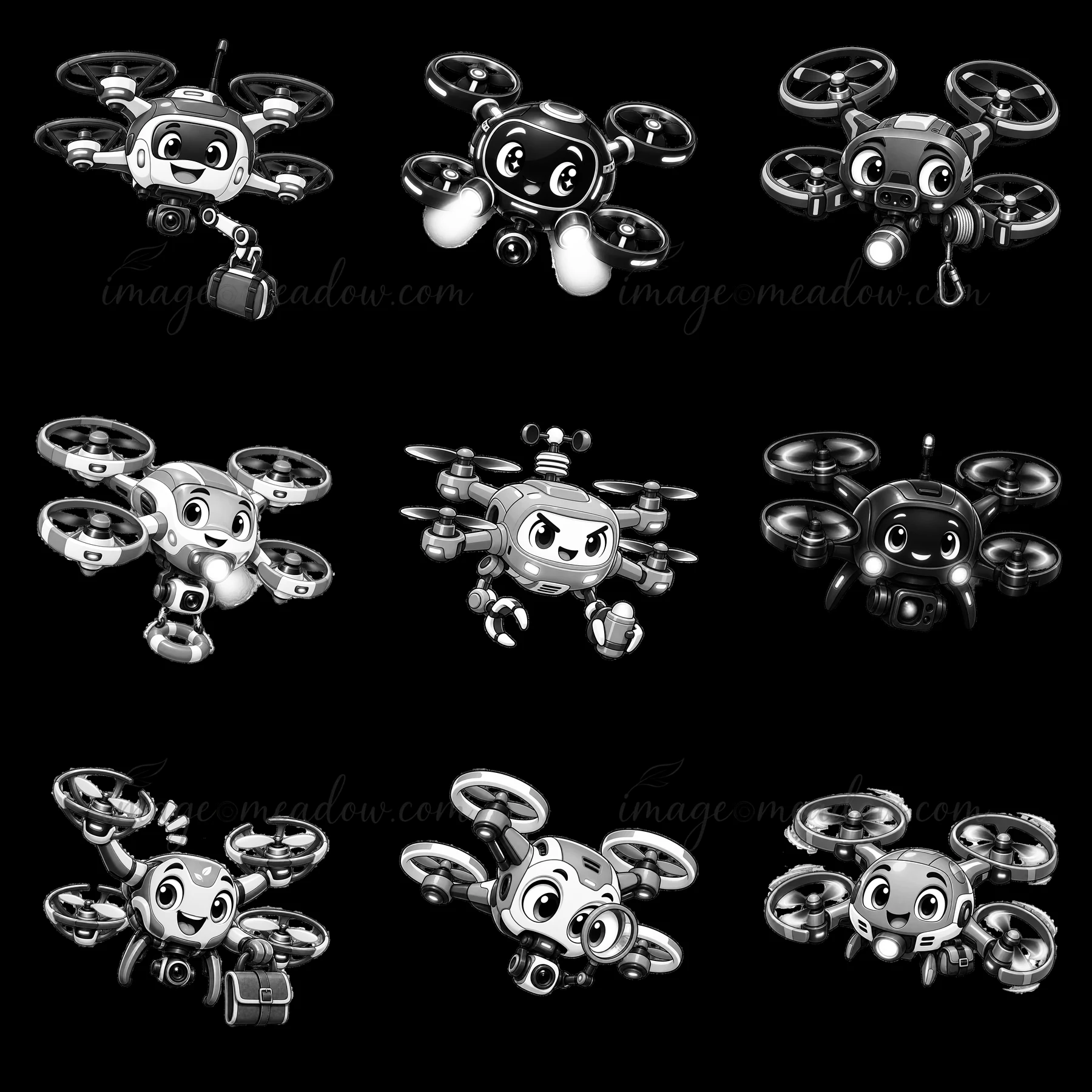 Nine cartoon-style drone characters are arranged in a grid. Each drone has unique features and accessories, showcasing different expressions and actions related