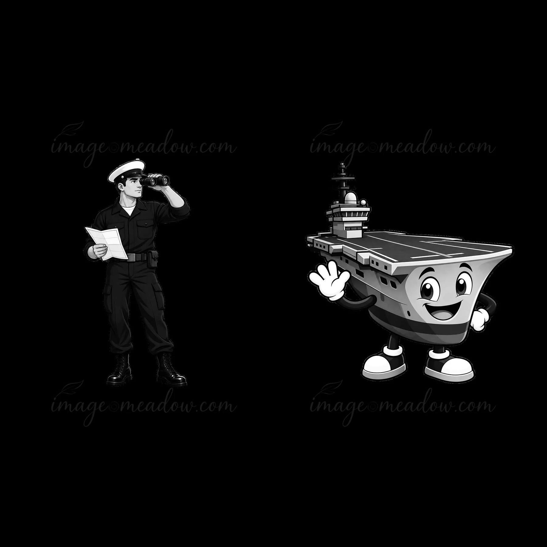 A cartoon navy officer stands with binoculars and a map. Next to him is a smiling aircraft carrier waving. The scene shows a fun interaction between the officer