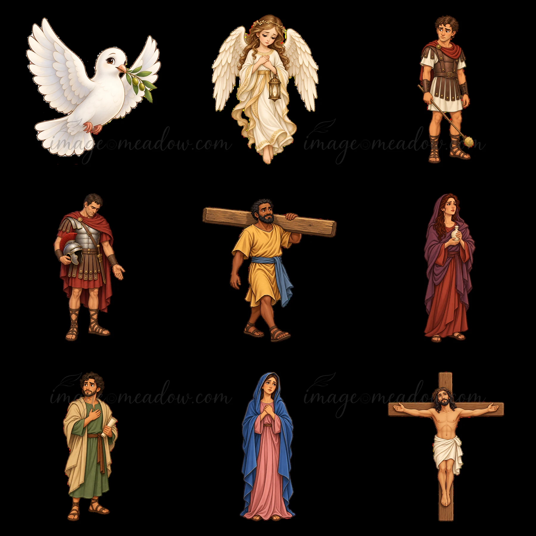 This illustration features nine cartoon stickers of biblical figures. In the center, Jesus hangs on the cross. Surrounding him are angels, soldiers, and followe