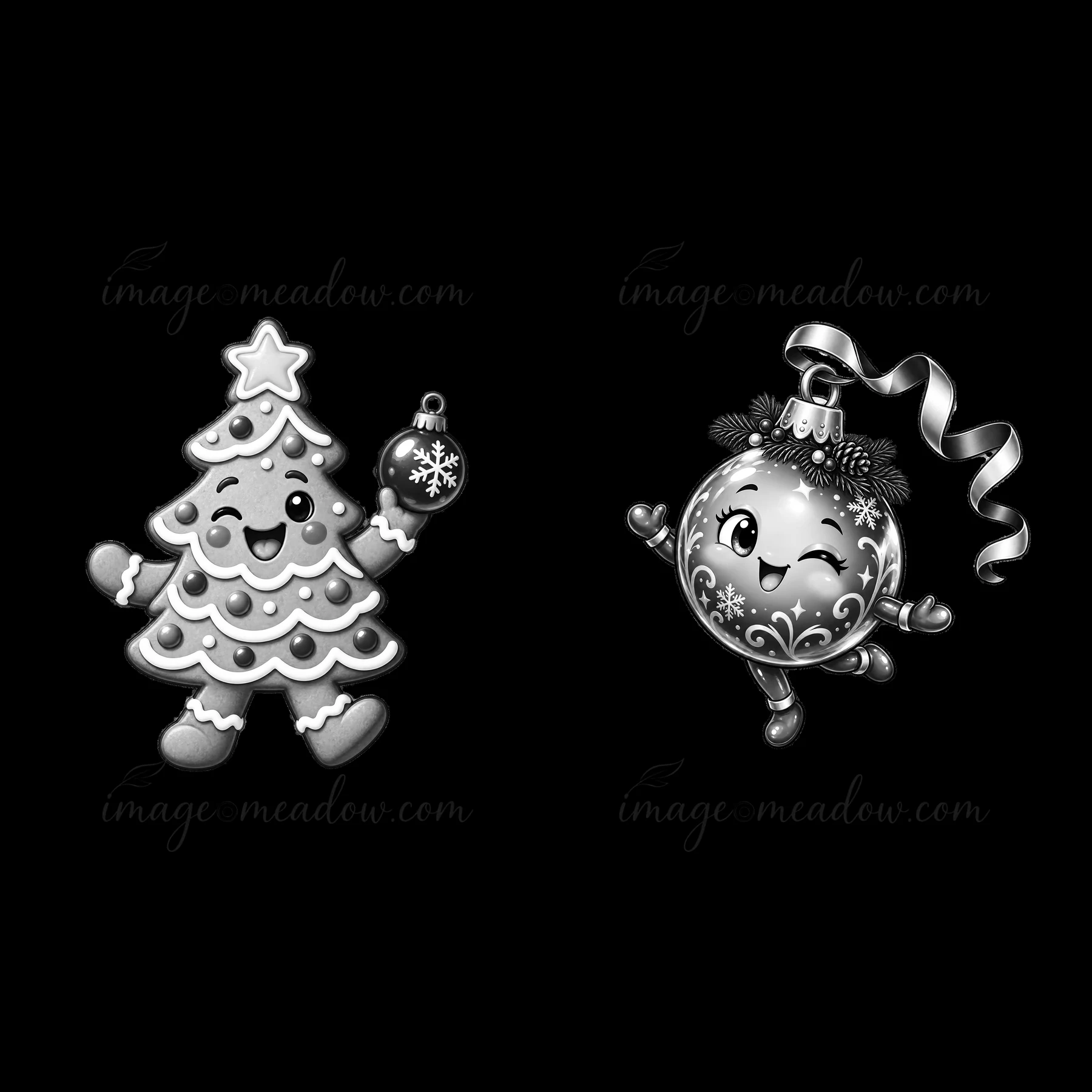 A cartoon Christmas tree holds a bauble with snowflake design. Next to it, a joyful ornament character waves and has a curly ribbon. Both are drawn in black and
