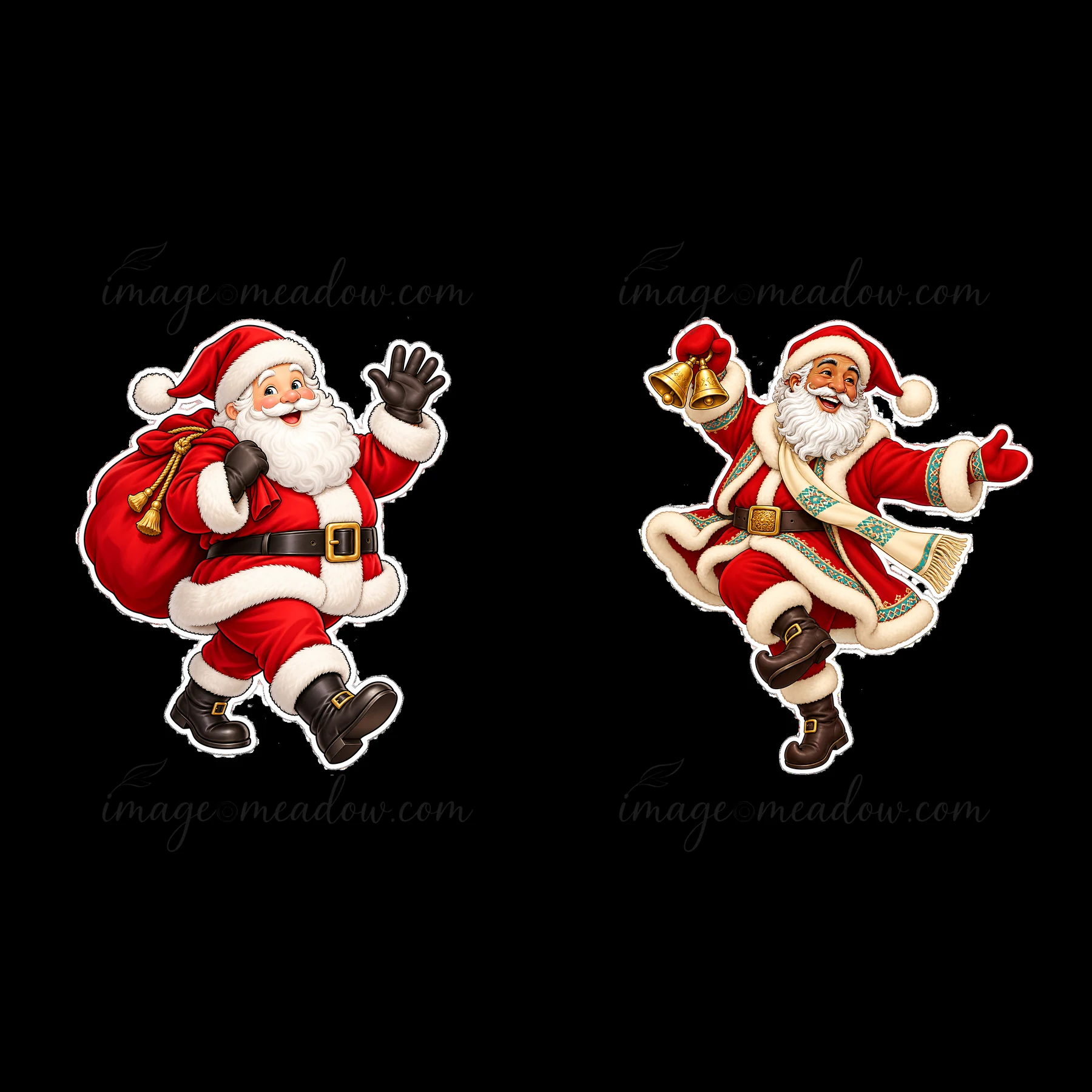 Two Santa Claus figures are celebrating joyfully. One Santa waves while holding a large sack of presents. The other Santa is dancing and ringing a bell. Both we