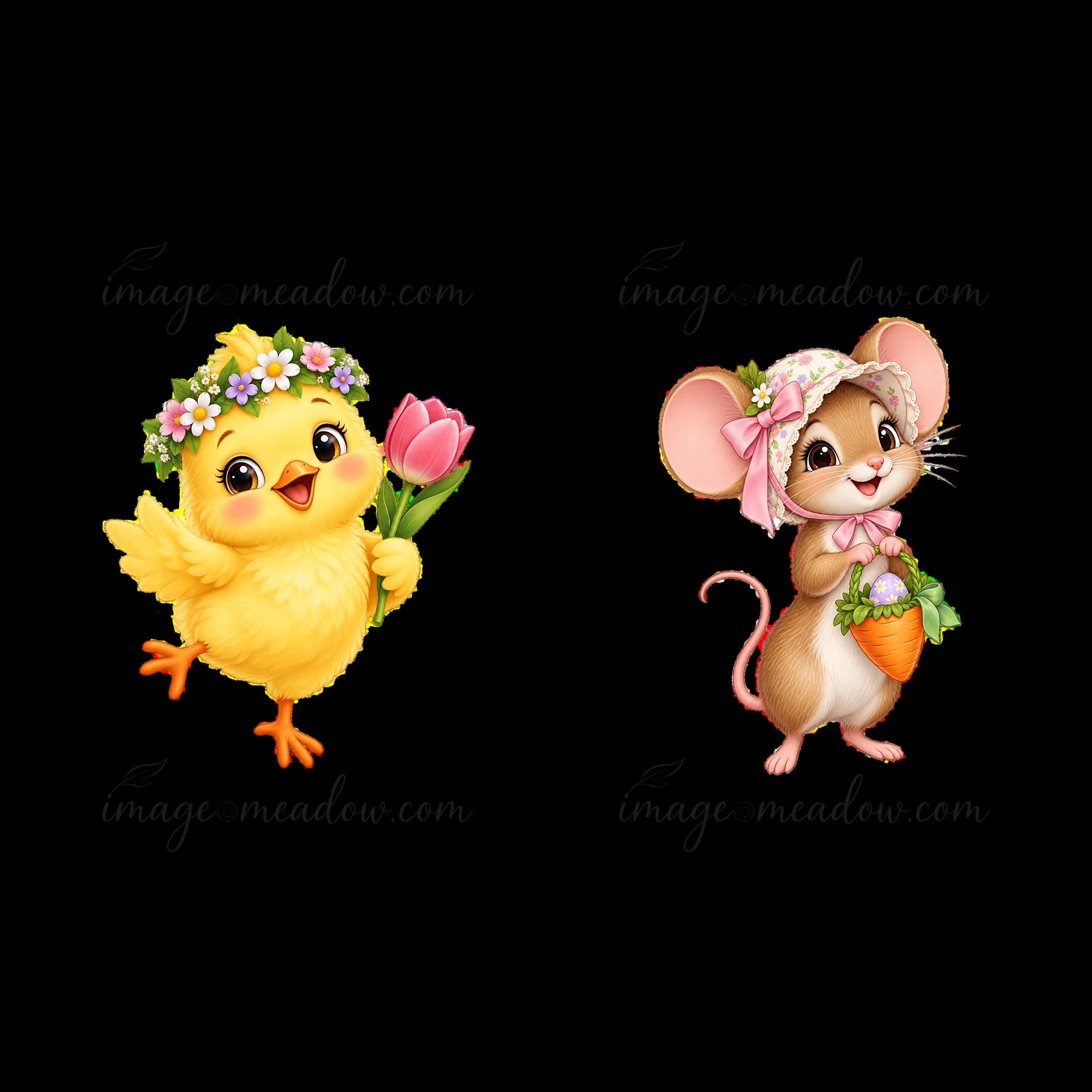 A cheerful chick dances while holding a pink flower. Beside the chick, a mouse carries a carrot and wears a floral bonnet. This scene shows vibrant colors of sp