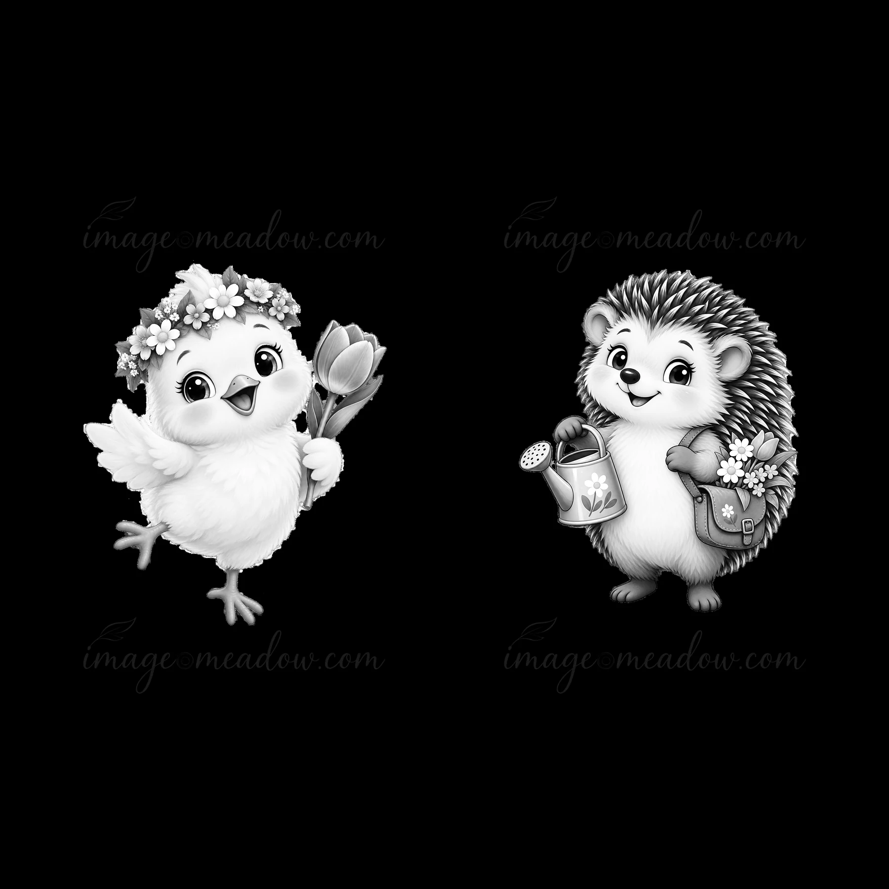 A chick holds a flower while wearing a floral crown. A hedgehog stands next to it, carrying a watering can. This illustration reflects the Easter celebration th