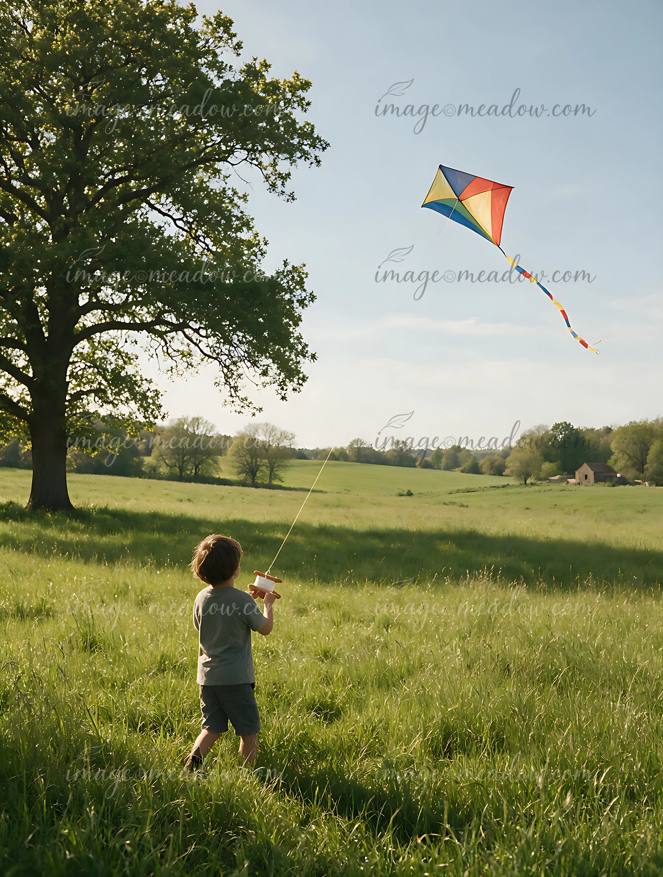 Child flying a colorful kite in a sunlit meadow beneath a large oak tree.