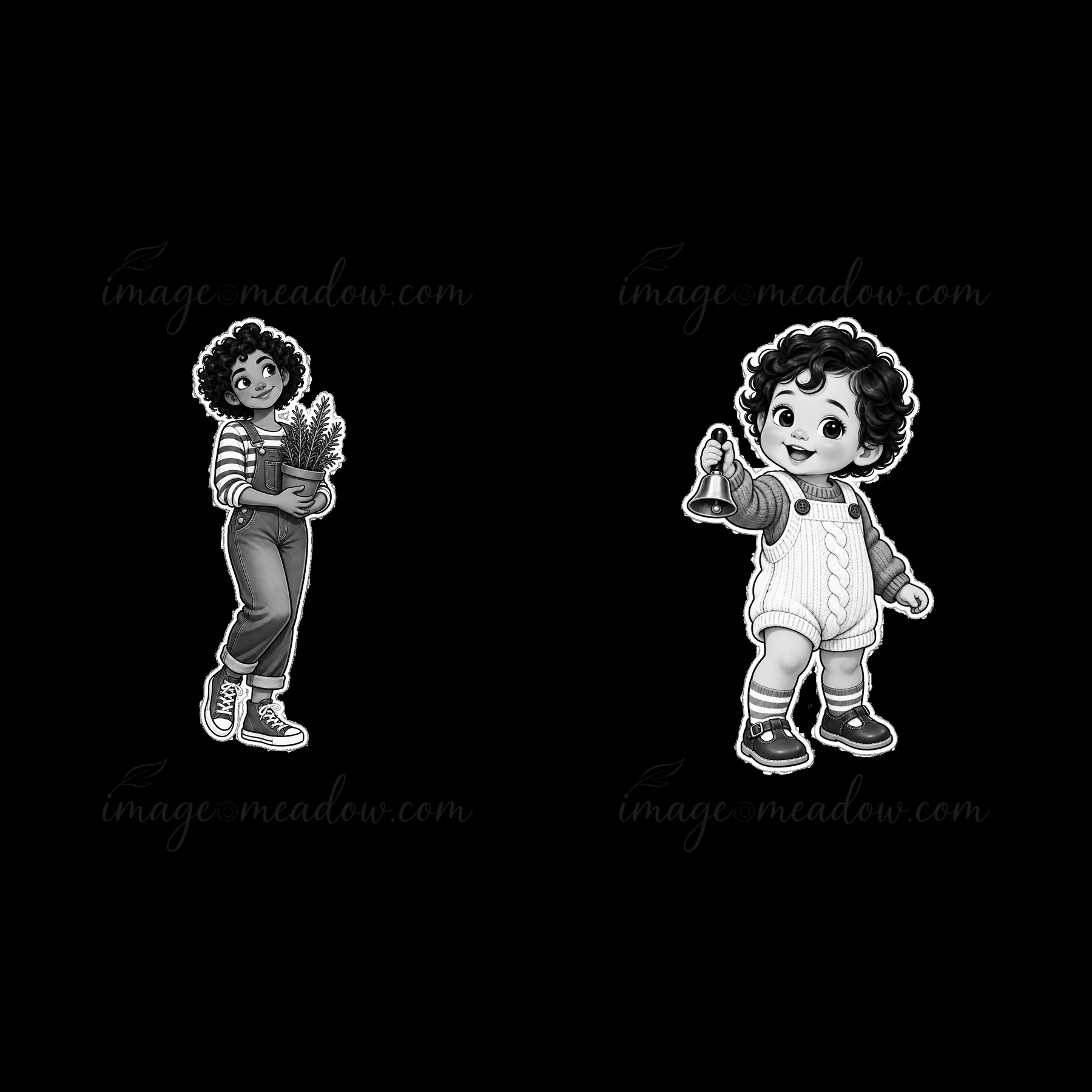 Two cartoon children are portrayed in black and white. One child holds a plant in a pot, while the other child rings a bell. The illustration captures a playful
