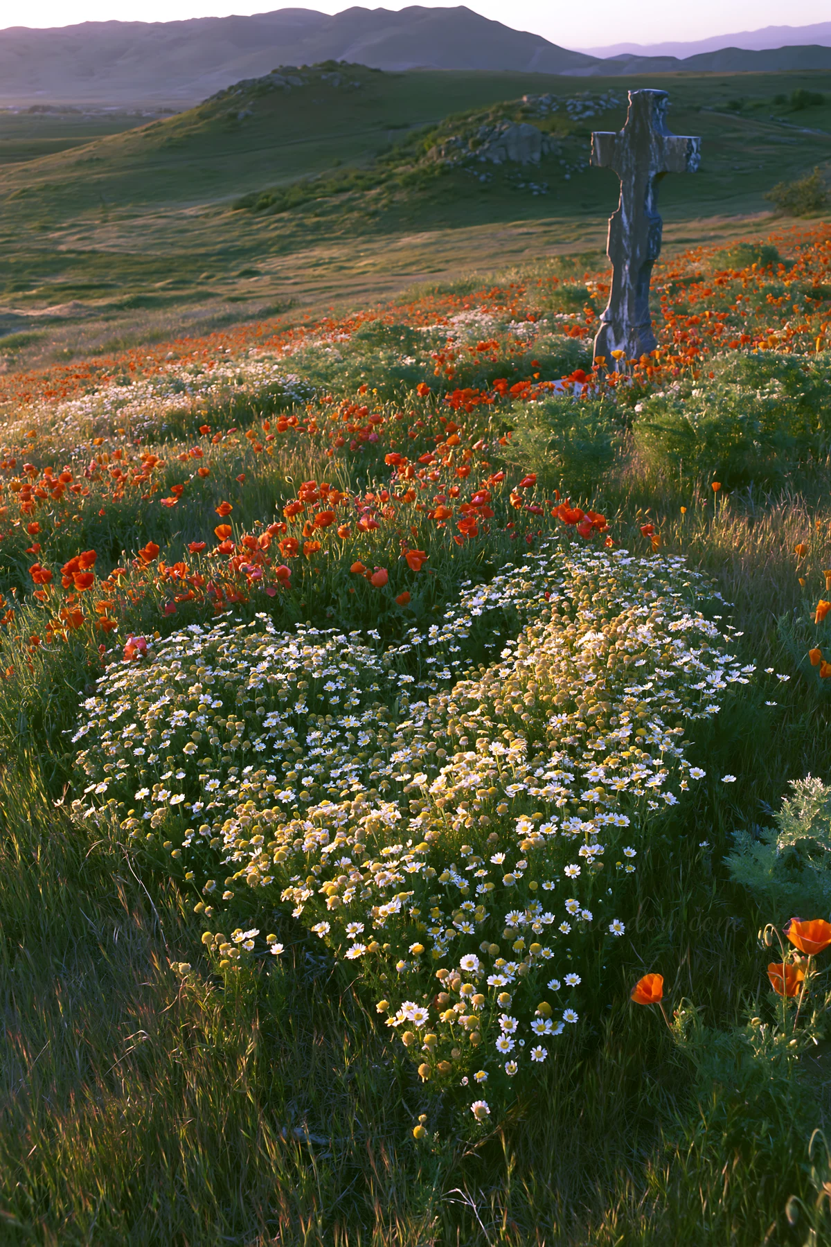 A wooden Christian cross stands in a valley meadow surrounded by colorful wildflowers. The scene shows a heart-shaped arrangement of white flowers and red poppi