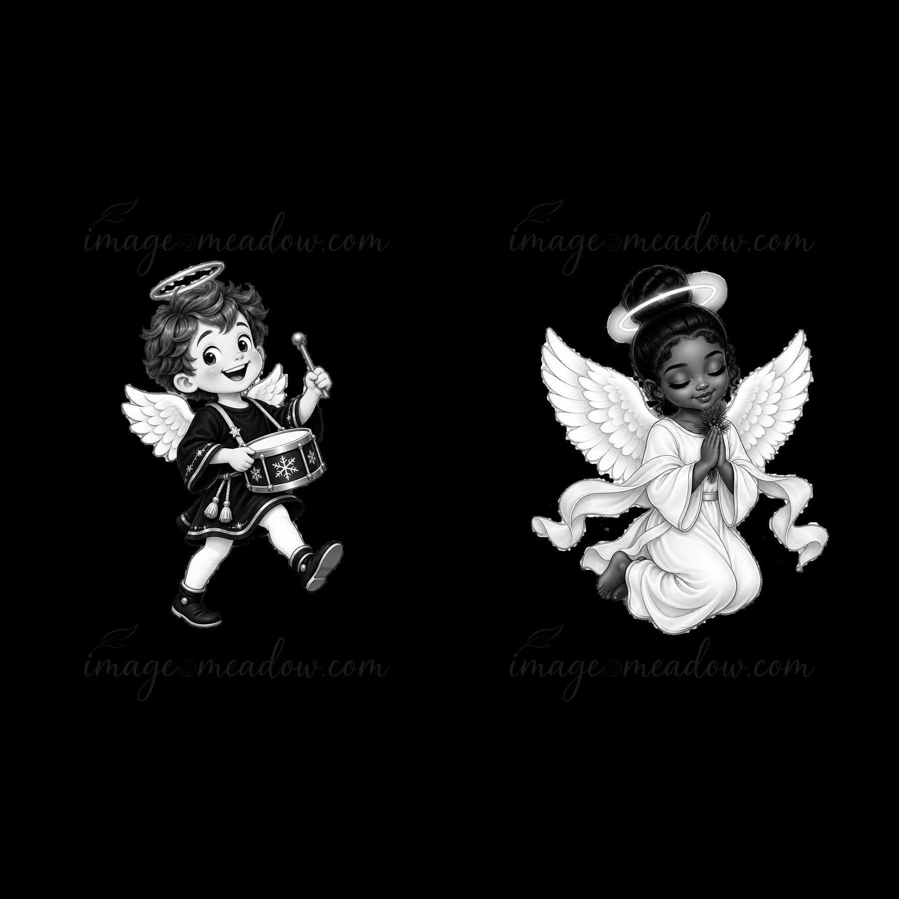 Two cartoon angels in a black-and-white design. One angel plays a drum while walking, and the other kneels in prayer. This decoration relates to Christmas theme