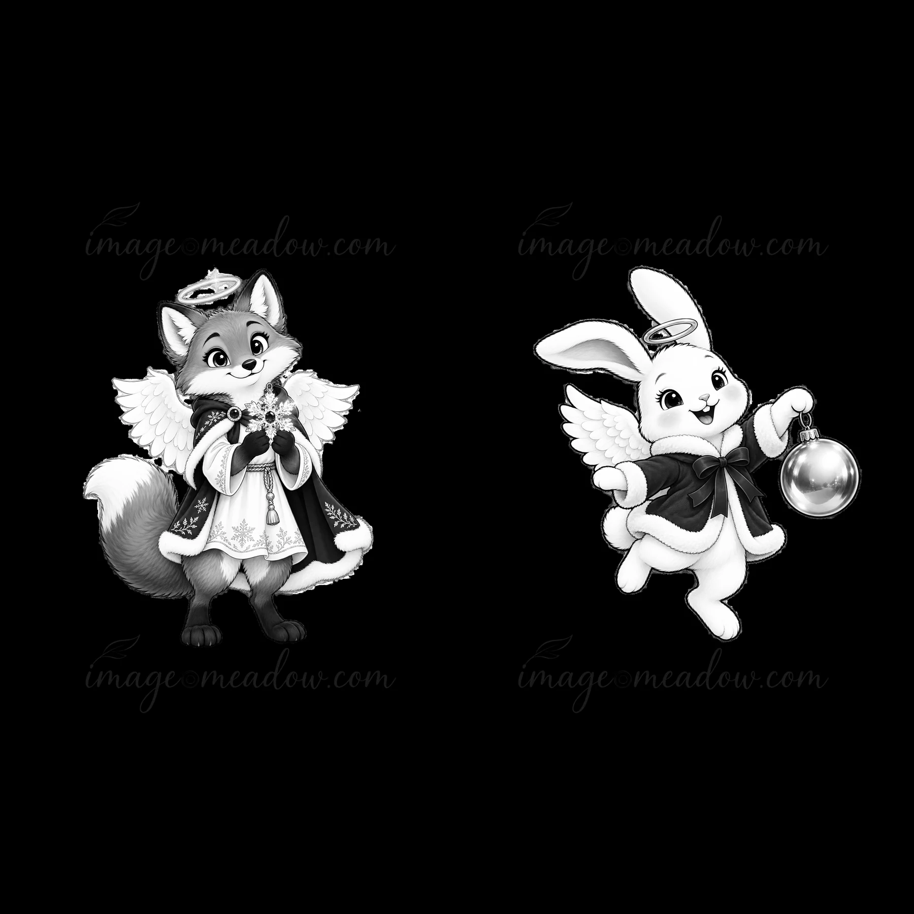A cartoon fox dressed as an angel stands proudly holding a festive ornament. Next to it, a cartoon rabbit wearing an angel costume joyfully holds a shiny orname
