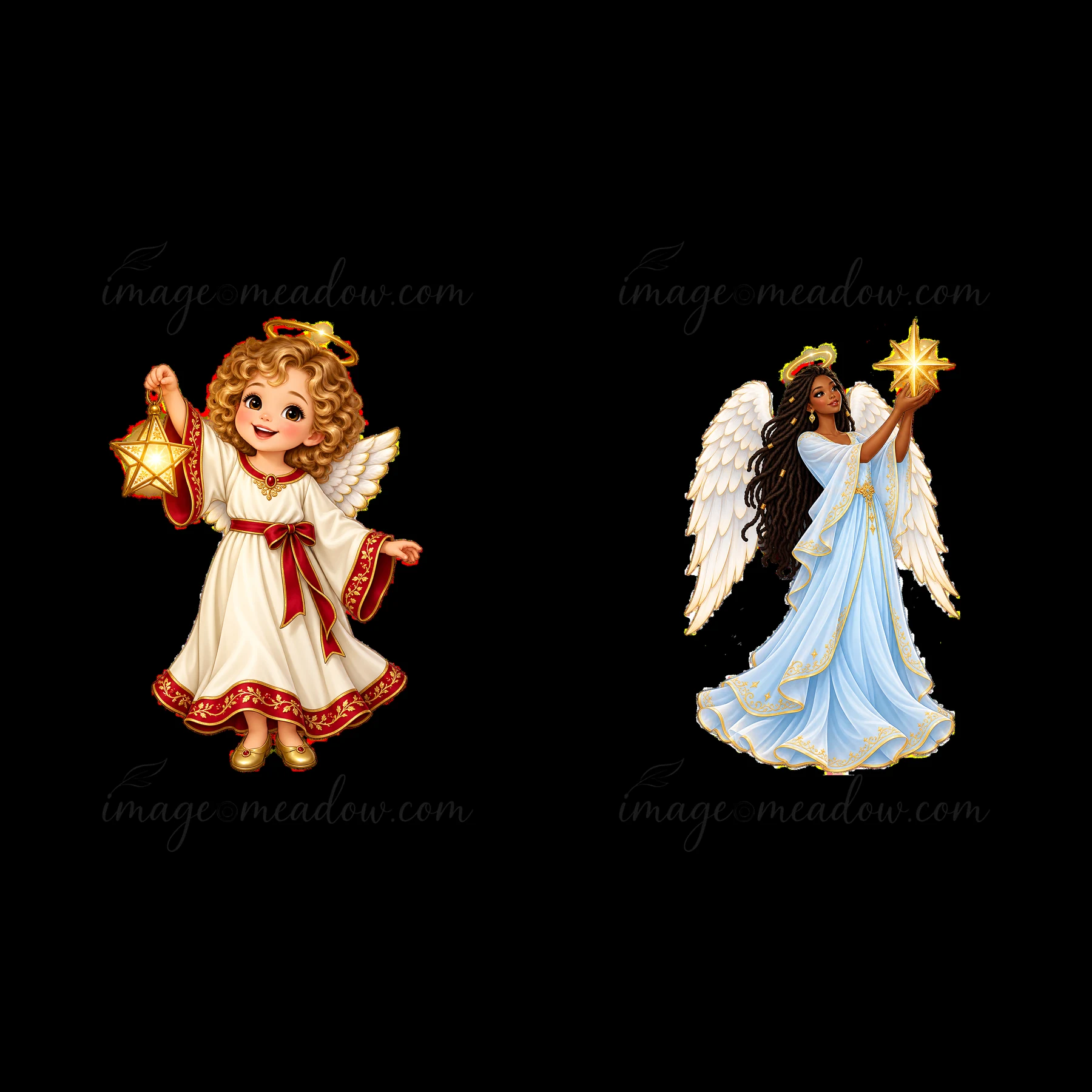 Two cartoon angels are featured, one with curly blonde hair holding a star and the other with long black hair holding a light. Both wear flowing robes, creating