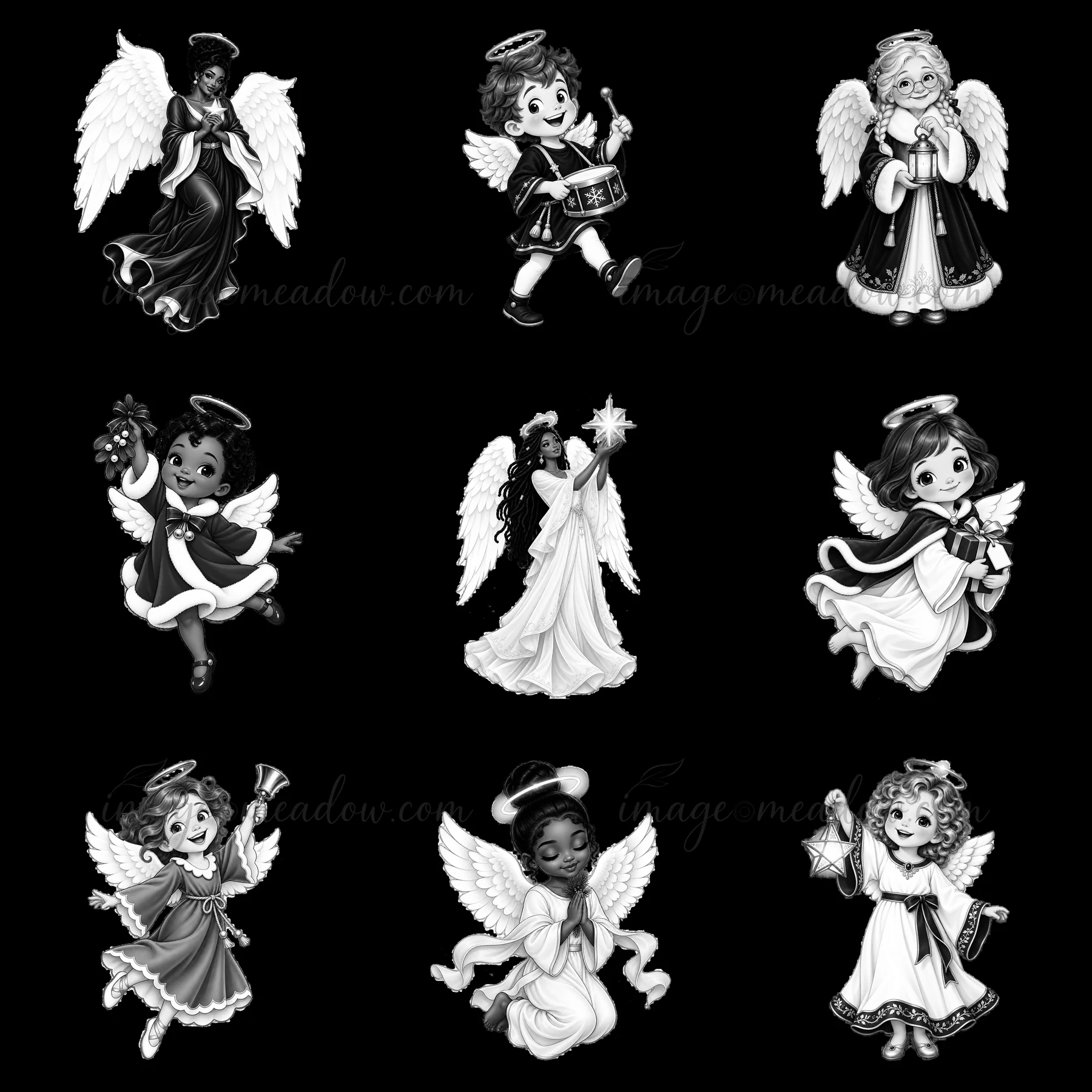 Nine cartoon angels are arranged in a 3x3 grid. Each angel shows unique activities such as playing instruments, holding gifts, and singing. They are monochrome