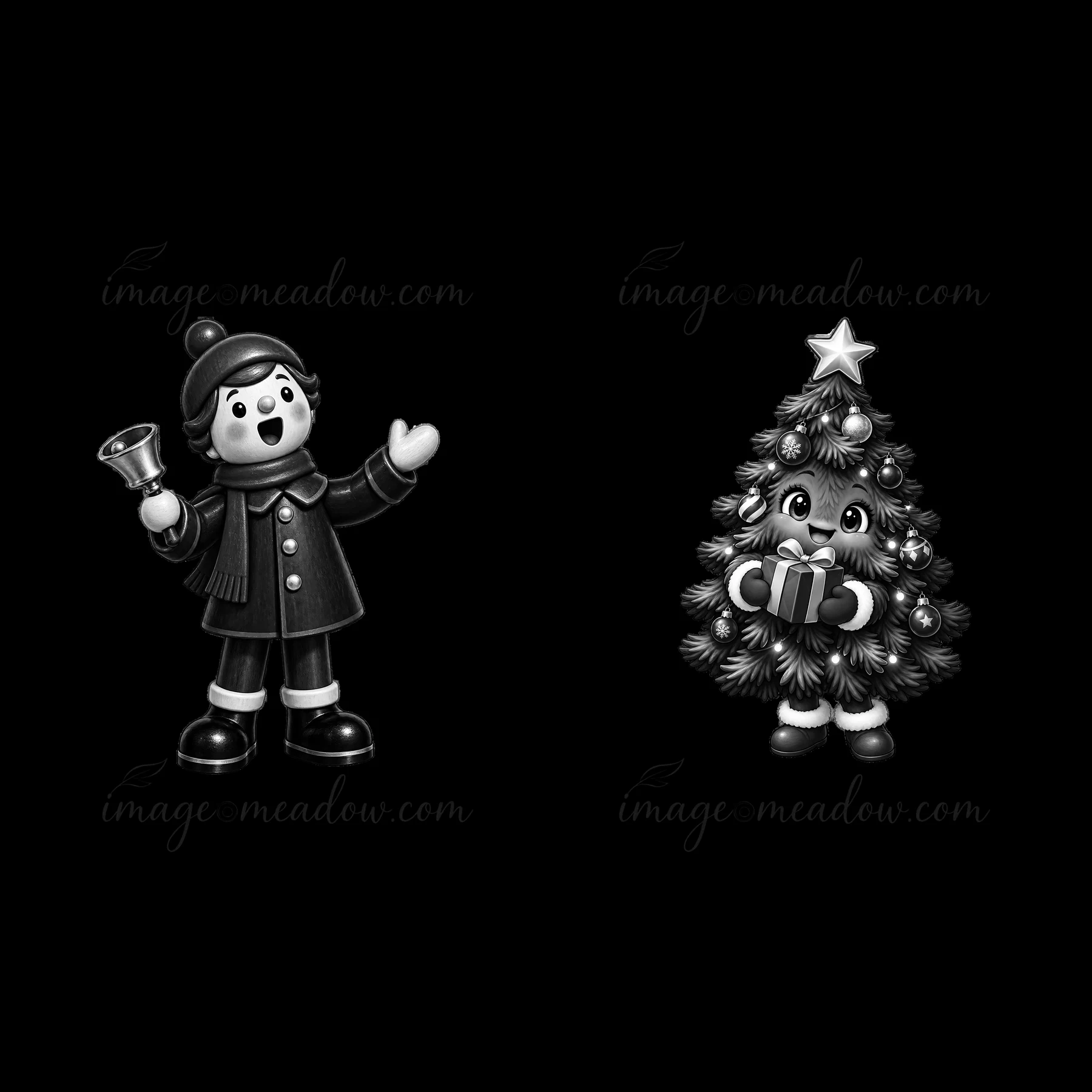 A boy with a bell stands next to a Christmas tree that has a star and a gift. The scene captures a festive moment in a Christmas villa. Both characters are outl