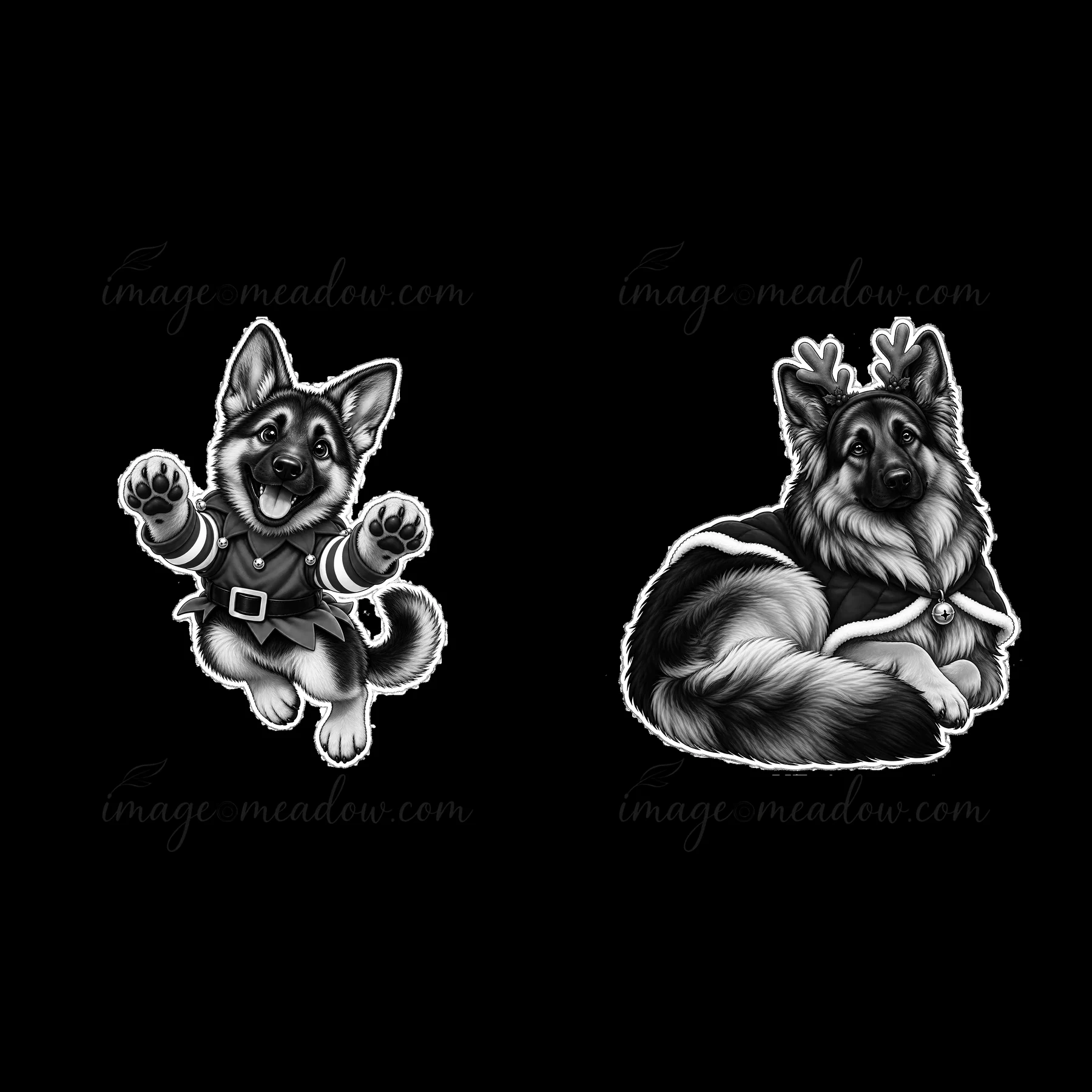One German Shepherd puppy jumps happily, wearing a festive outfit. The other German Shepherd is lying down, looking calm and adorned with antlers. Both are set
