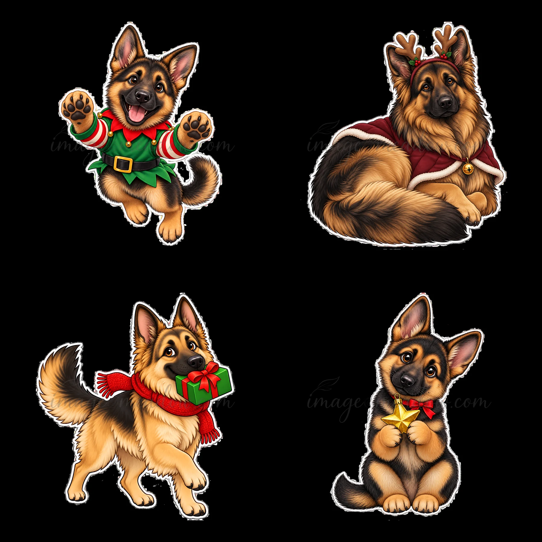 Four cartoon illustrations feature German Shepherds dressed for Christmas. One dog wears an elf costume, another has reindeer antlers. The others have holiday g