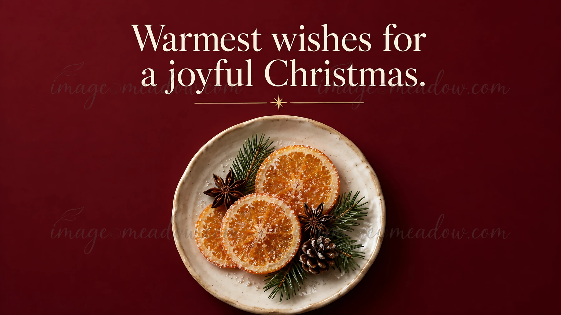 Cream lettering reading “Warmest wishes for a joyful Christmas.” sits above a ceramic plate of orange slices, star anise, evergreen sprigs and a pine cone on a