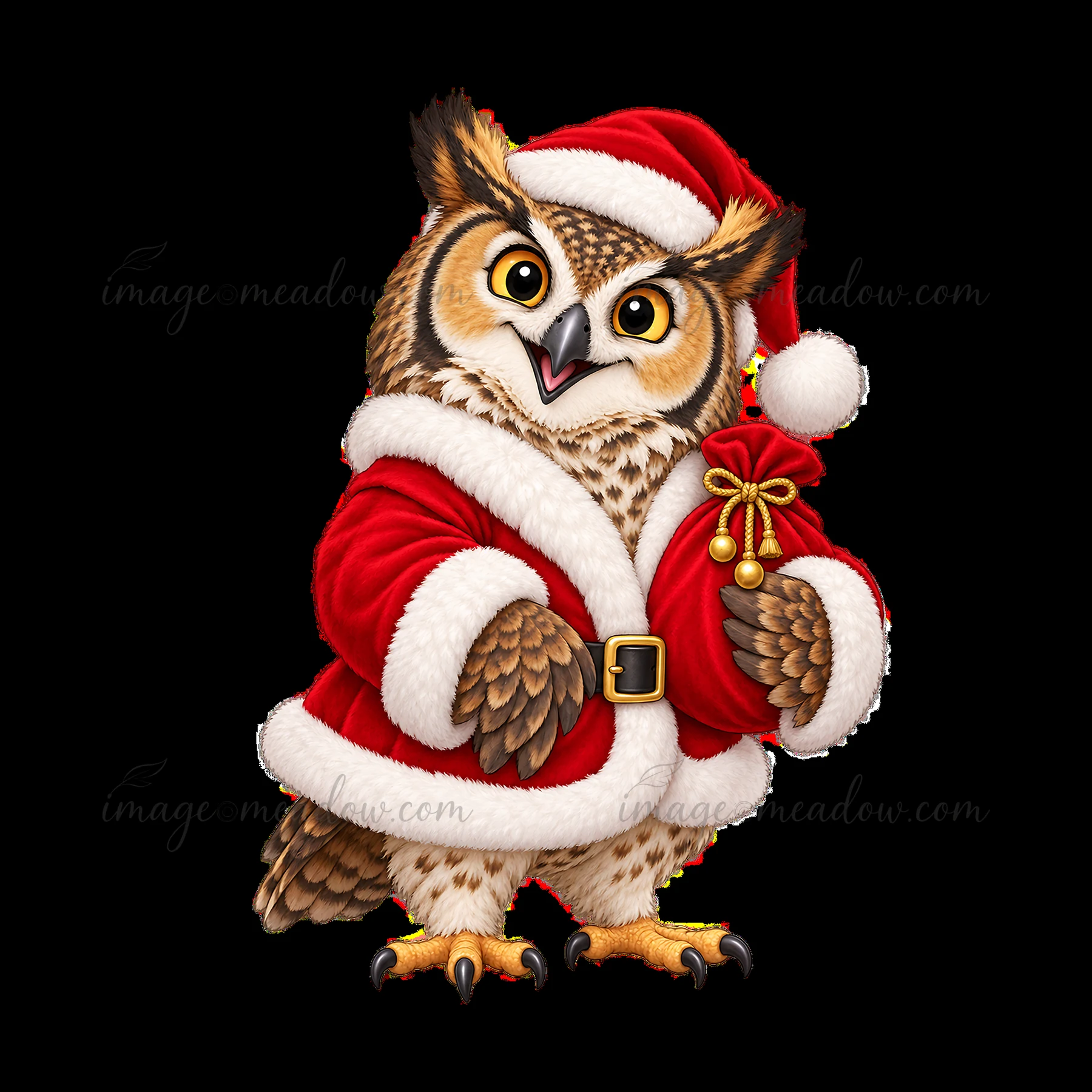A cartoon owl dressed in a red coat and a Santa hat stands proudly while holding a small bag with a bell. The owl’s feathers are detailed with shades of brown a