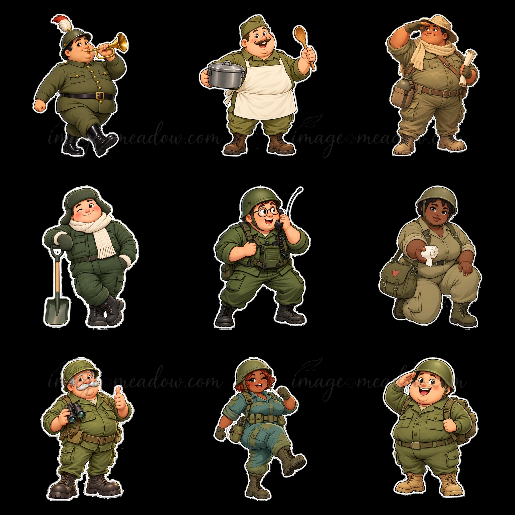 This illustration features nine cute, ultra-chubby soldier characters in various poses. Each character displays unique accessories, like tools and instruments,