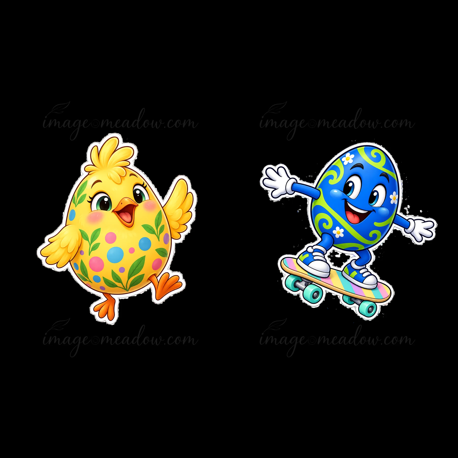 A yellow chick with colorful dots dances joyfully beside a blue egg with swirls, riding a skateboard. Perfect for celebrating Easter and spring themes in fun de