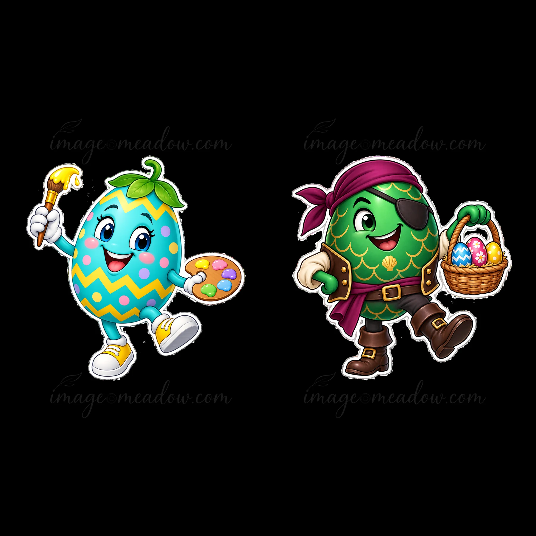 Two cartoon Easter egg characters are having fun. One character is painting colorful patterns while the other, dressed as a pirate, carries a basket filled with