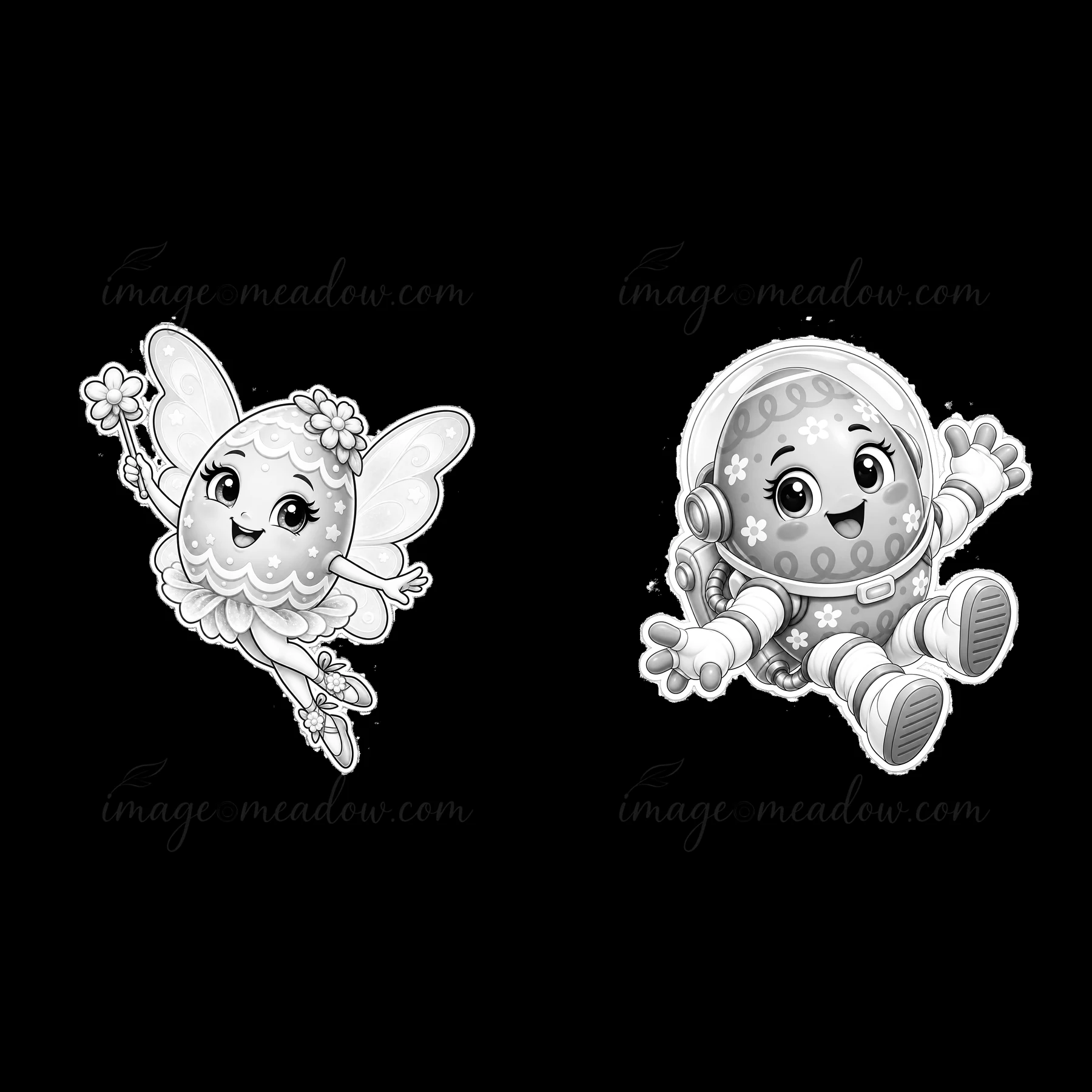 Two cartoon characters include a fairy with flowers and an astronaut with a smile. Each has distinct features and expressions, both designed for a playful Easte