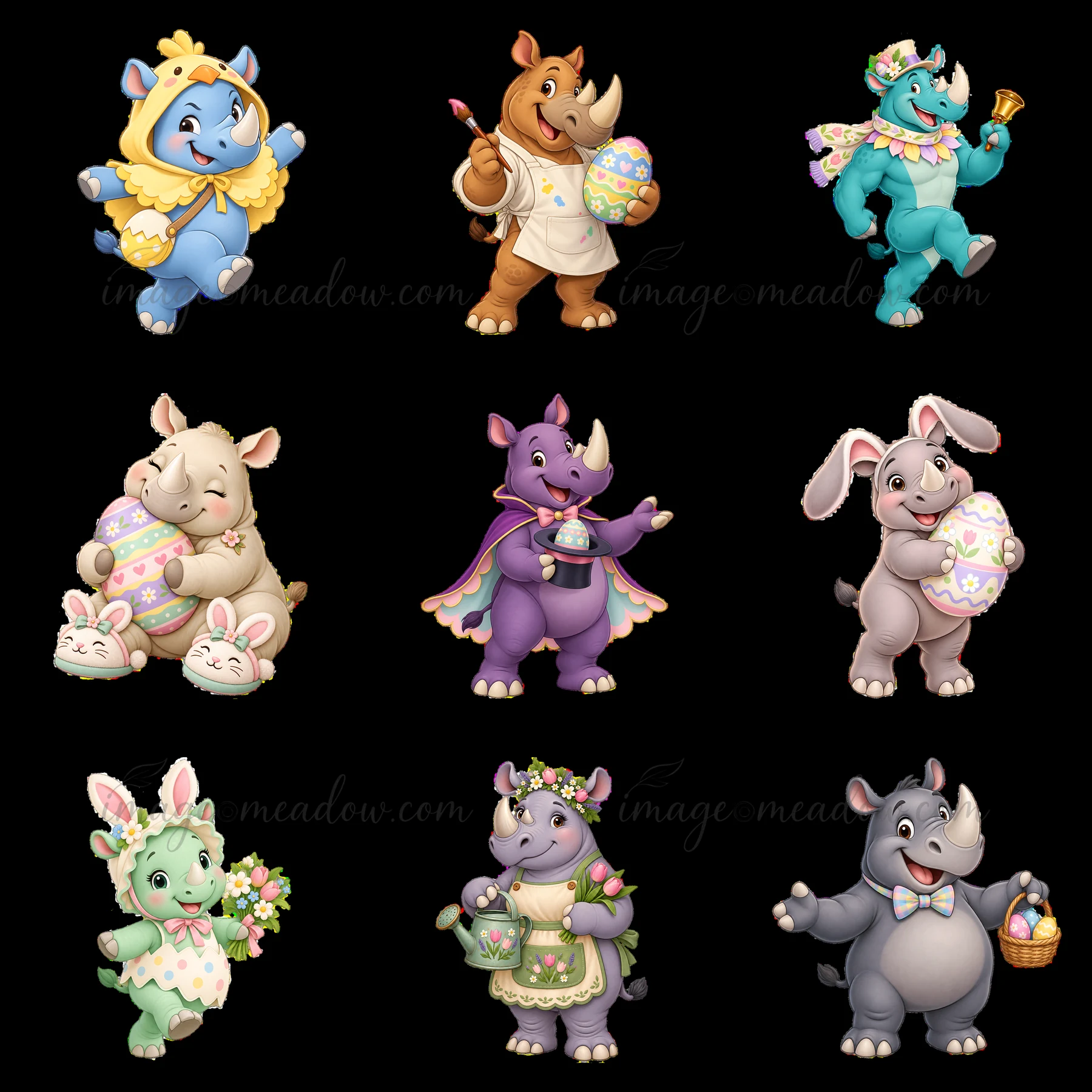 A grid of nine cartoon rhinos and their animal friends celebrating Easter. Each character holds or interacts with colorful eggs, flowers, and festive items in a