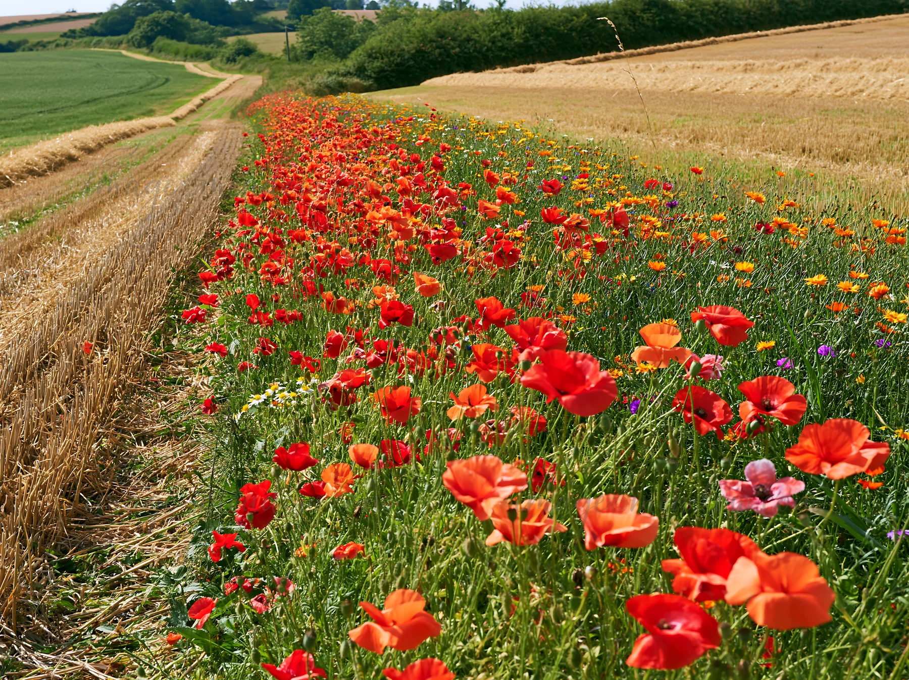 A vibrant meadow filled with red poppies and other wildflowers stretches alongside a dirt road. Lush green fields and trees can be seen in the background, showc