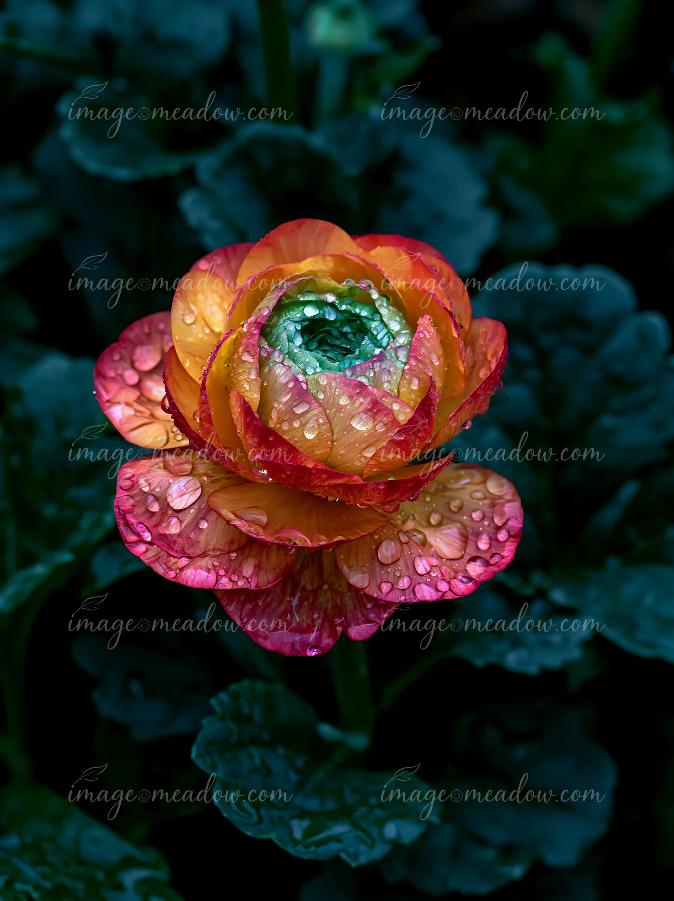 Colorful rain-covered flower with rainbow petals against dark foliage