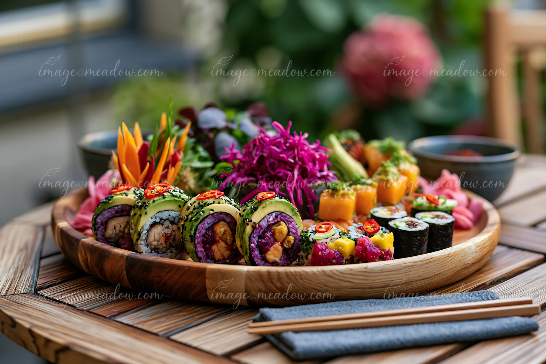 Colorful vegan sushi rolls and vegetables arranged on a wooden platter with chopsticks and dipping sauce.