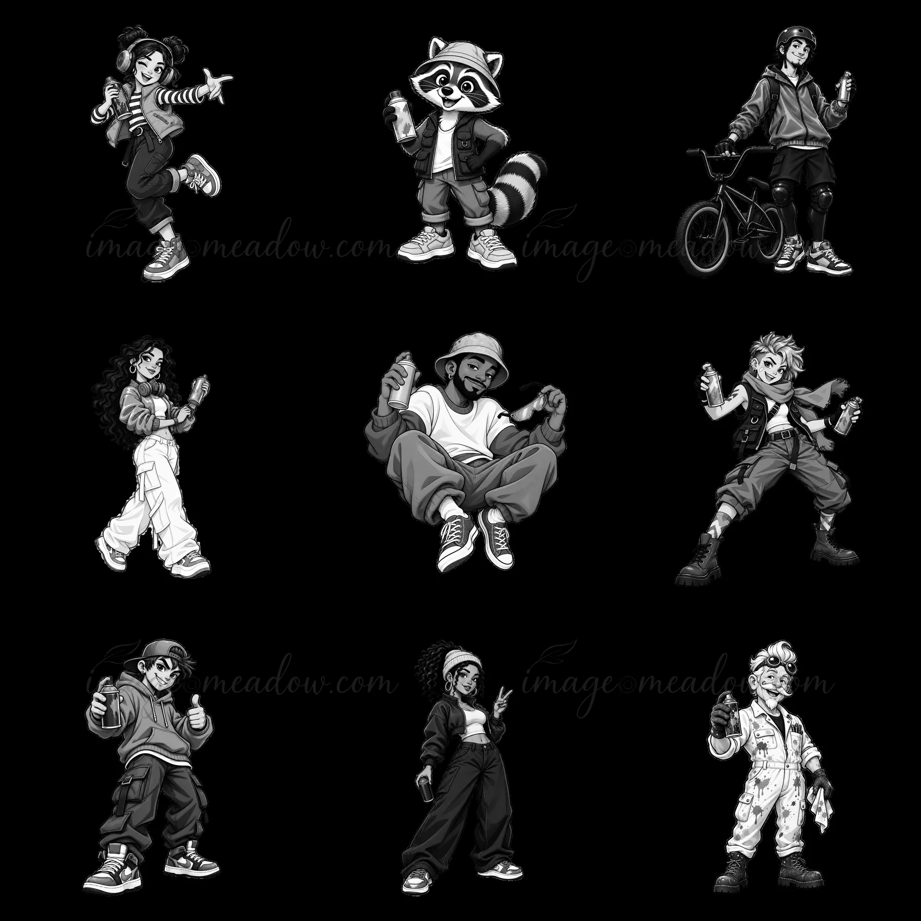 A collection of nine cartoon characters involved in graffiti art. Each character has a unique style and holds spray paint cans, showcasing diverse poses and exp