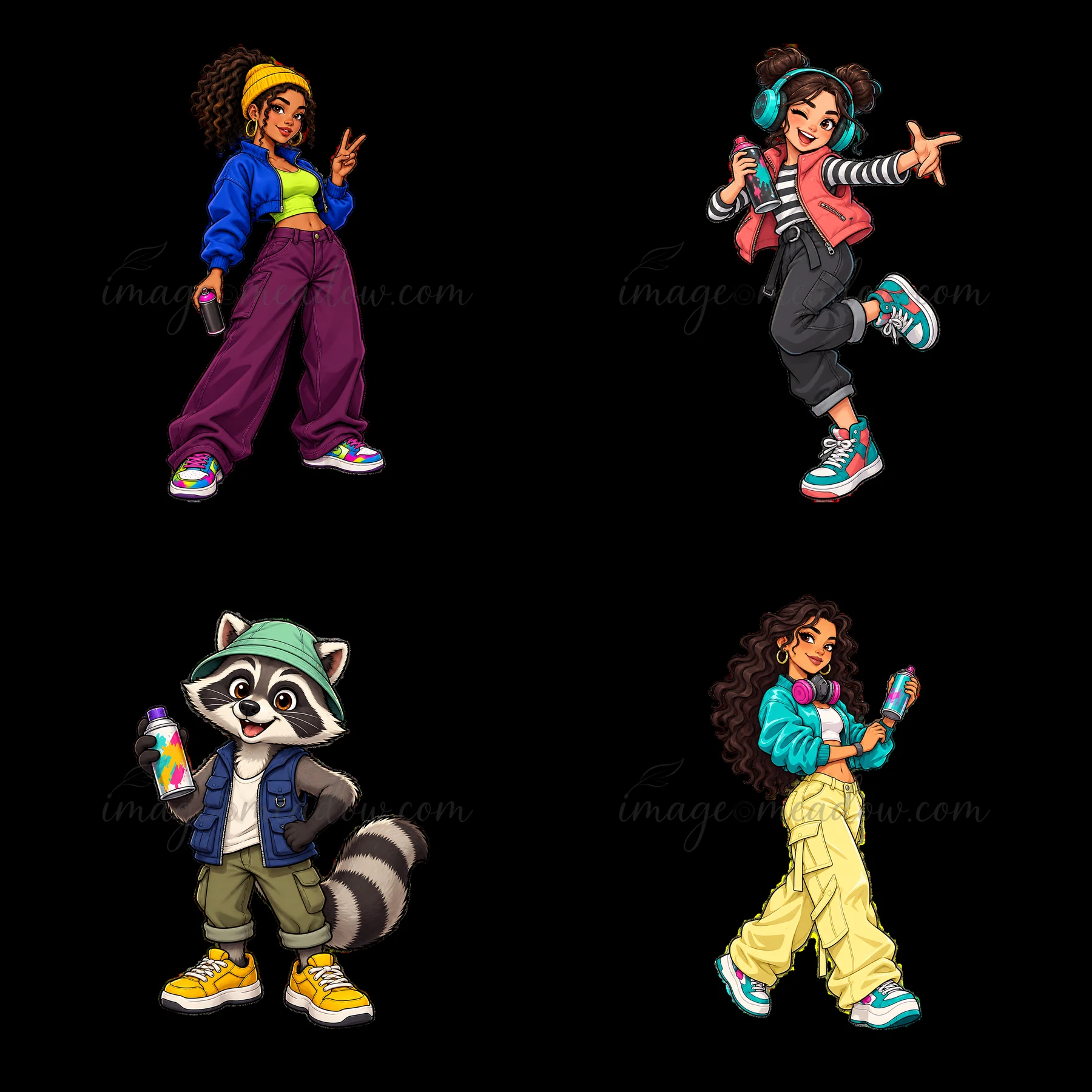 Four cartoon characters showcase urban fashion with vibrant clothing and spray paint cans. They stand in a 2x2 layout, highlighting their playful poses and uniq
