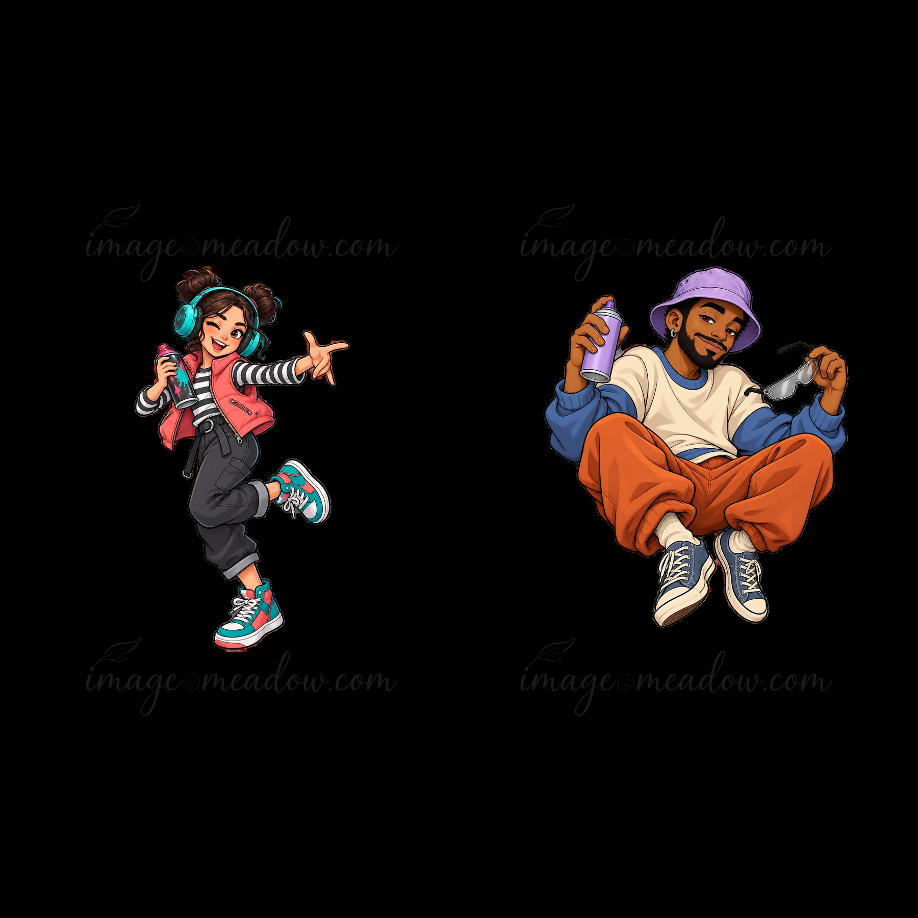 This cartoon sticker shows two graffiti sprayers in an urban setting. One character is a girl in sneakers with headphones and a funky outfit, while the boy sits