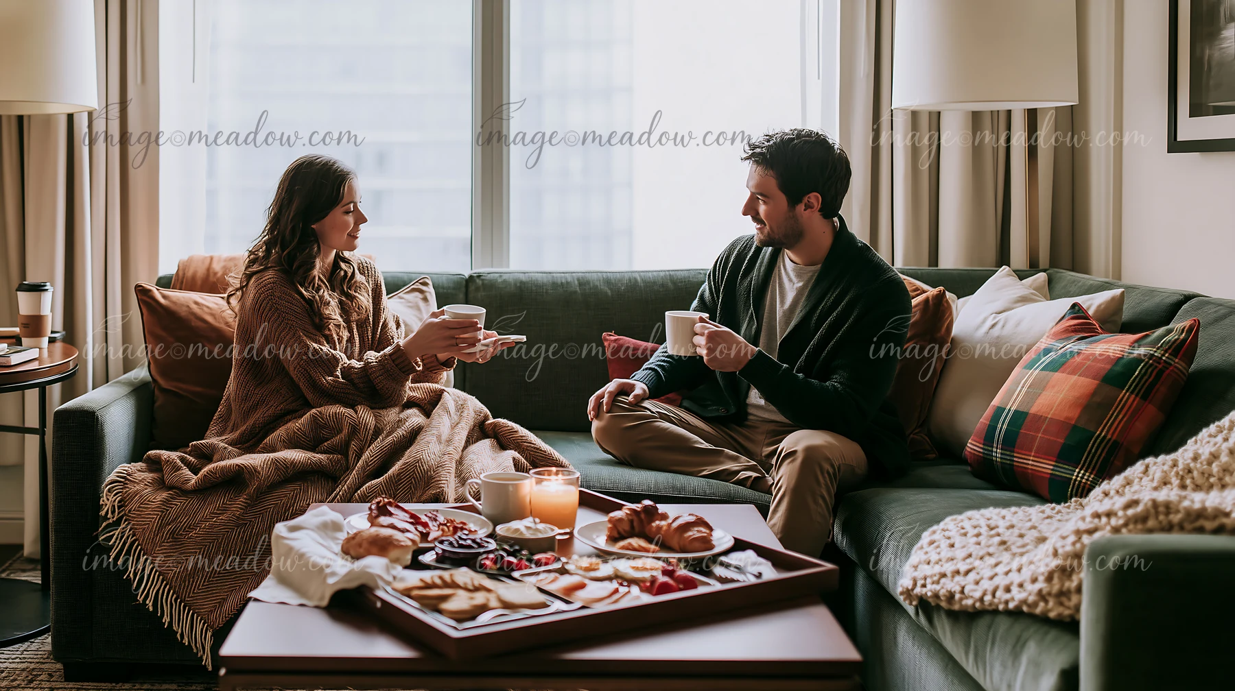 Couple holding hot drinks while relaxing on a festive sofa with blankets and pillows in a warm living room.