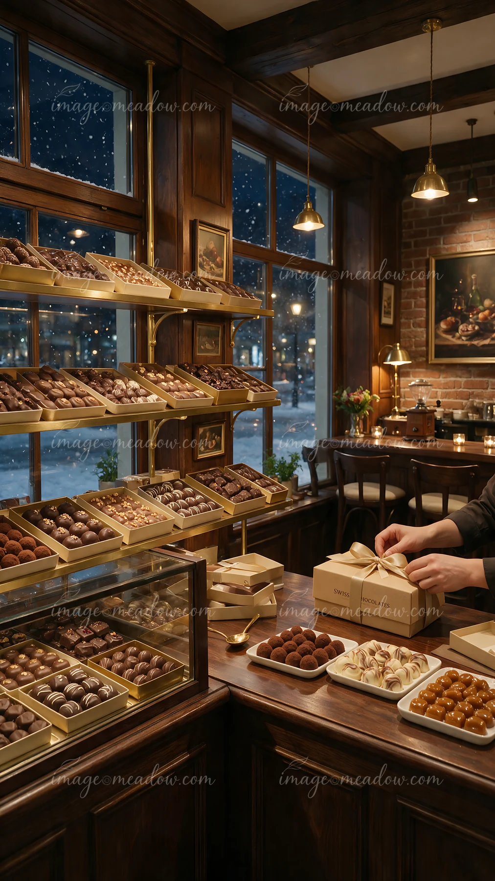 Customers browse a well-organized Swiss chocolate shop interior featuring various chocolate treats on display.